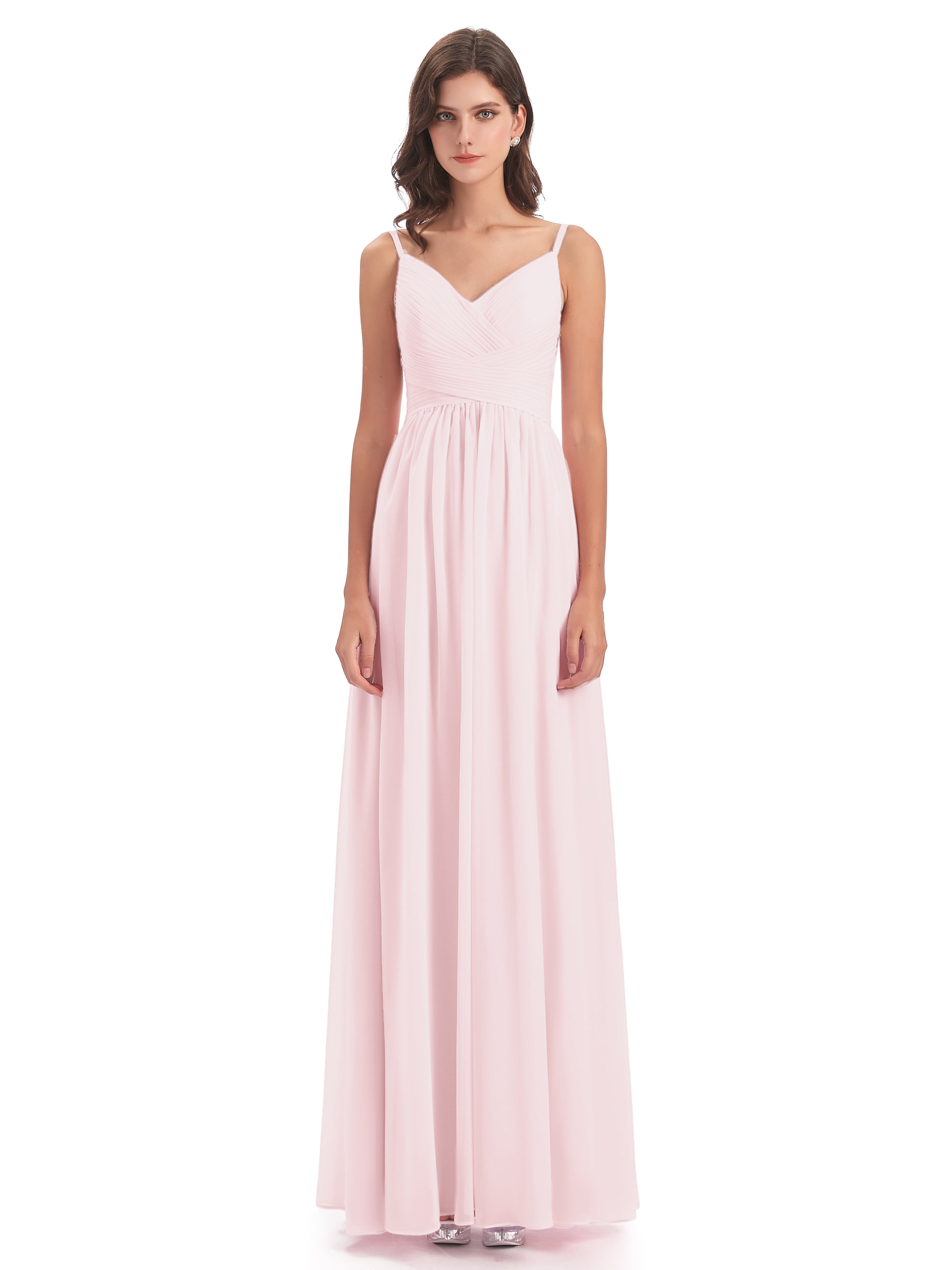 Demoiselle D Honneur Rose Pale Bretelles Spaghetti Plis Dentelle Robes Demoiselle D'Honneur