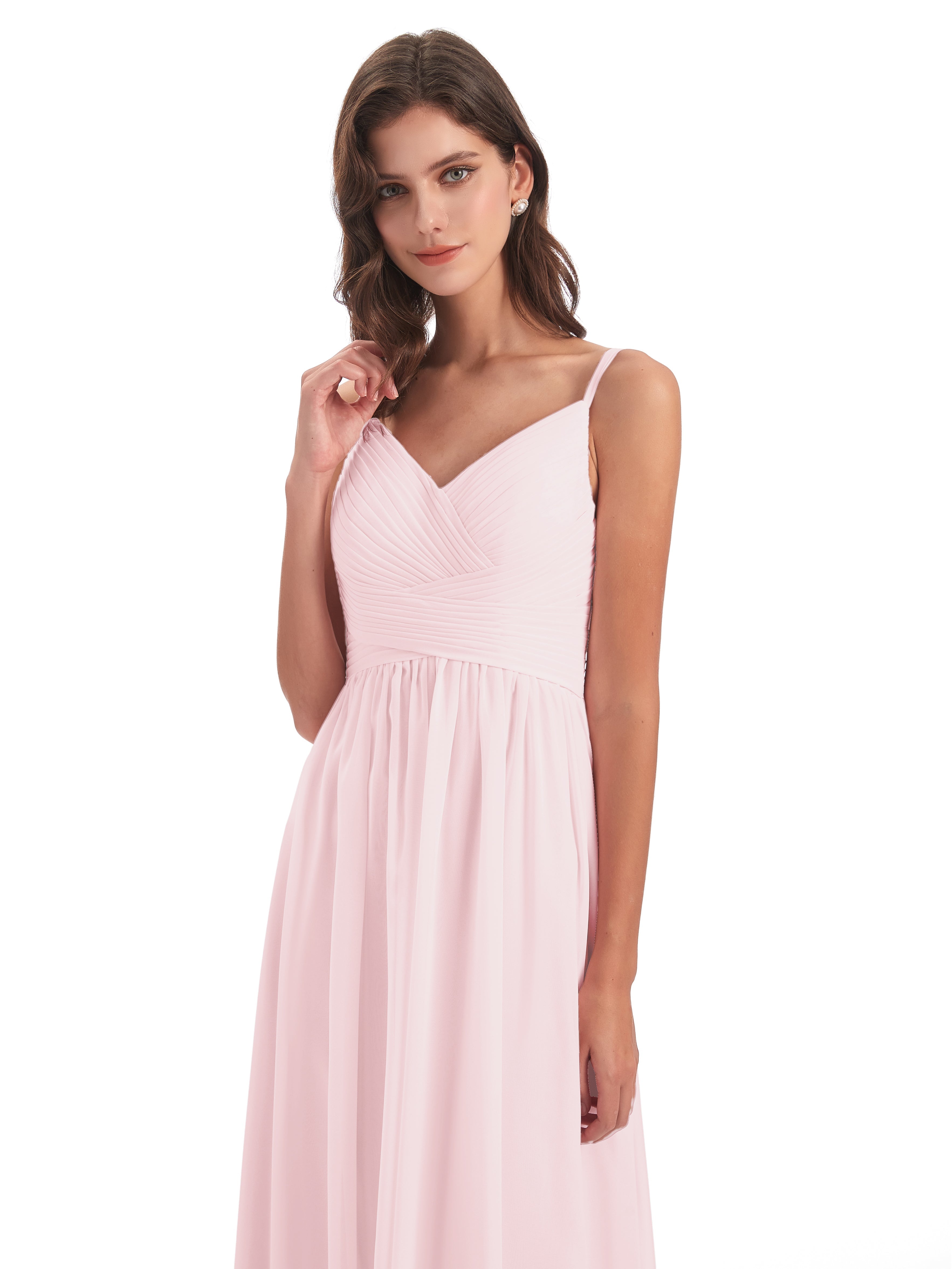 Demoiselle D Honneur Rose Pale Bretelles Spaghetti Plis Dentelle Robes Demoiselle D'Honneur