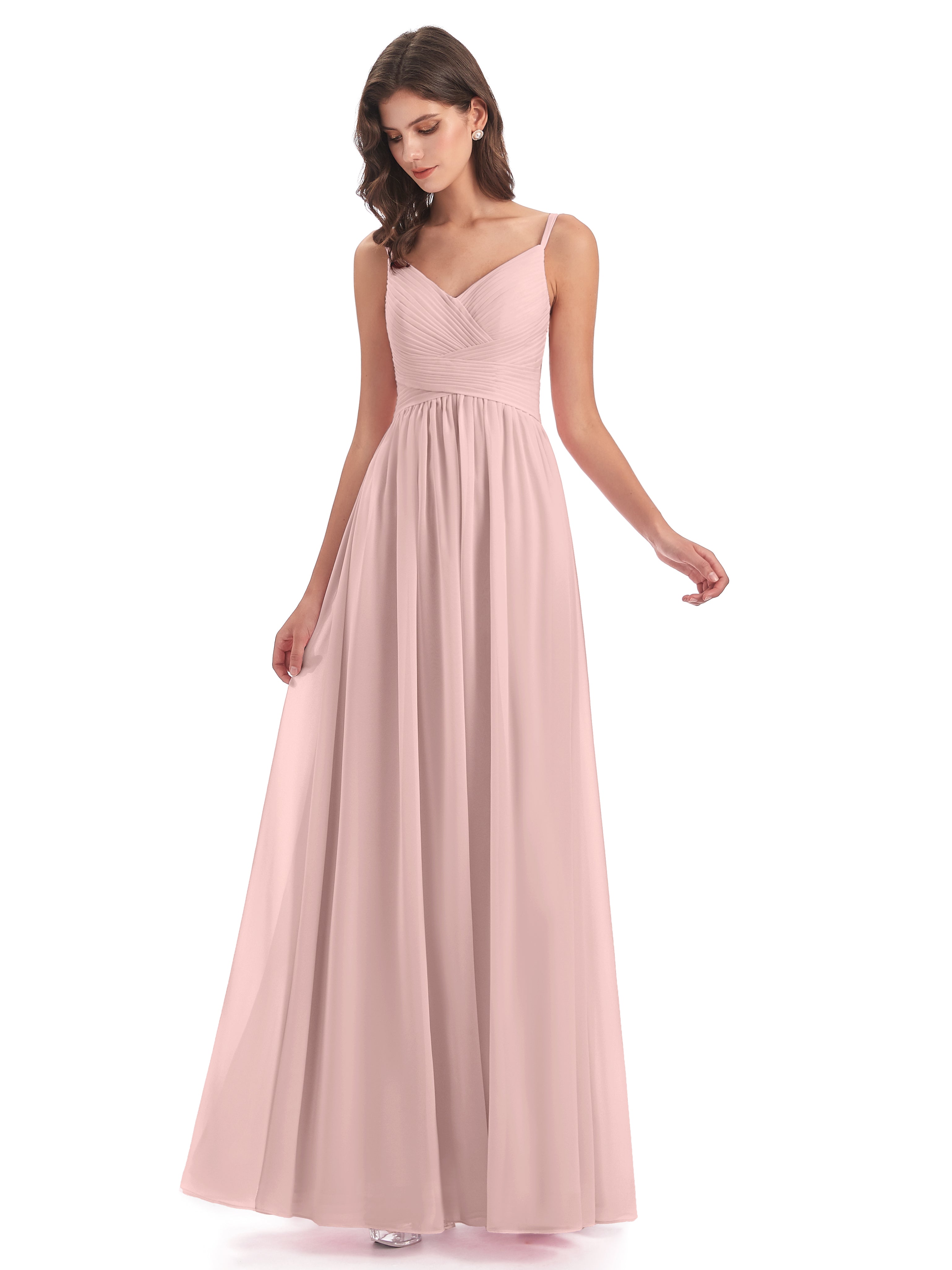 Robe Demoiselle D Honneur Rose Poudré Bretelles Spaghetti Plis Dentelle Robes Demoiselle D'Honneur