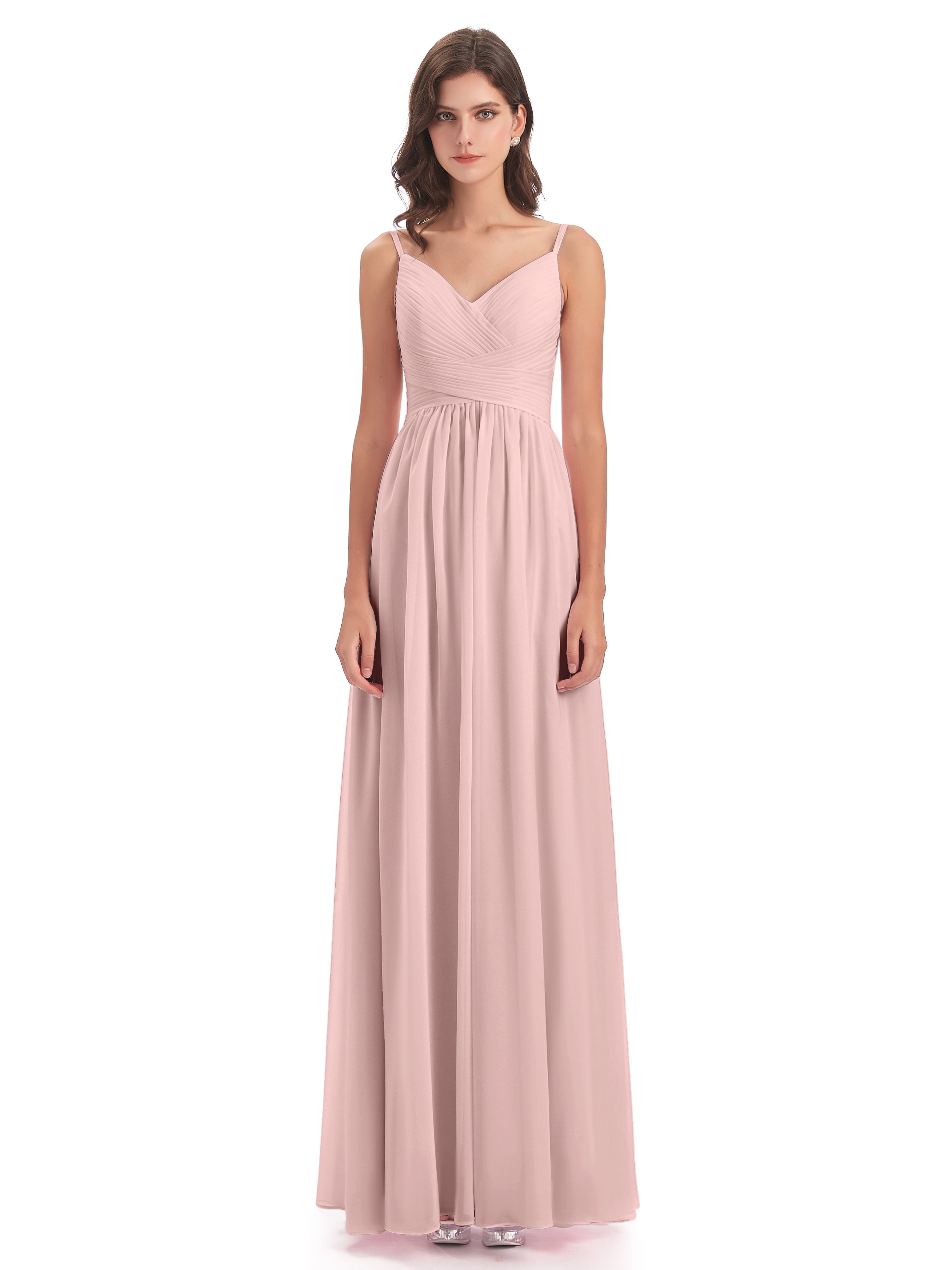 Robe Demoiselle D Honneur Rose Poudré Bretelles Spaghetti Plis Dentelle Robes Demoiselle D'Honneur