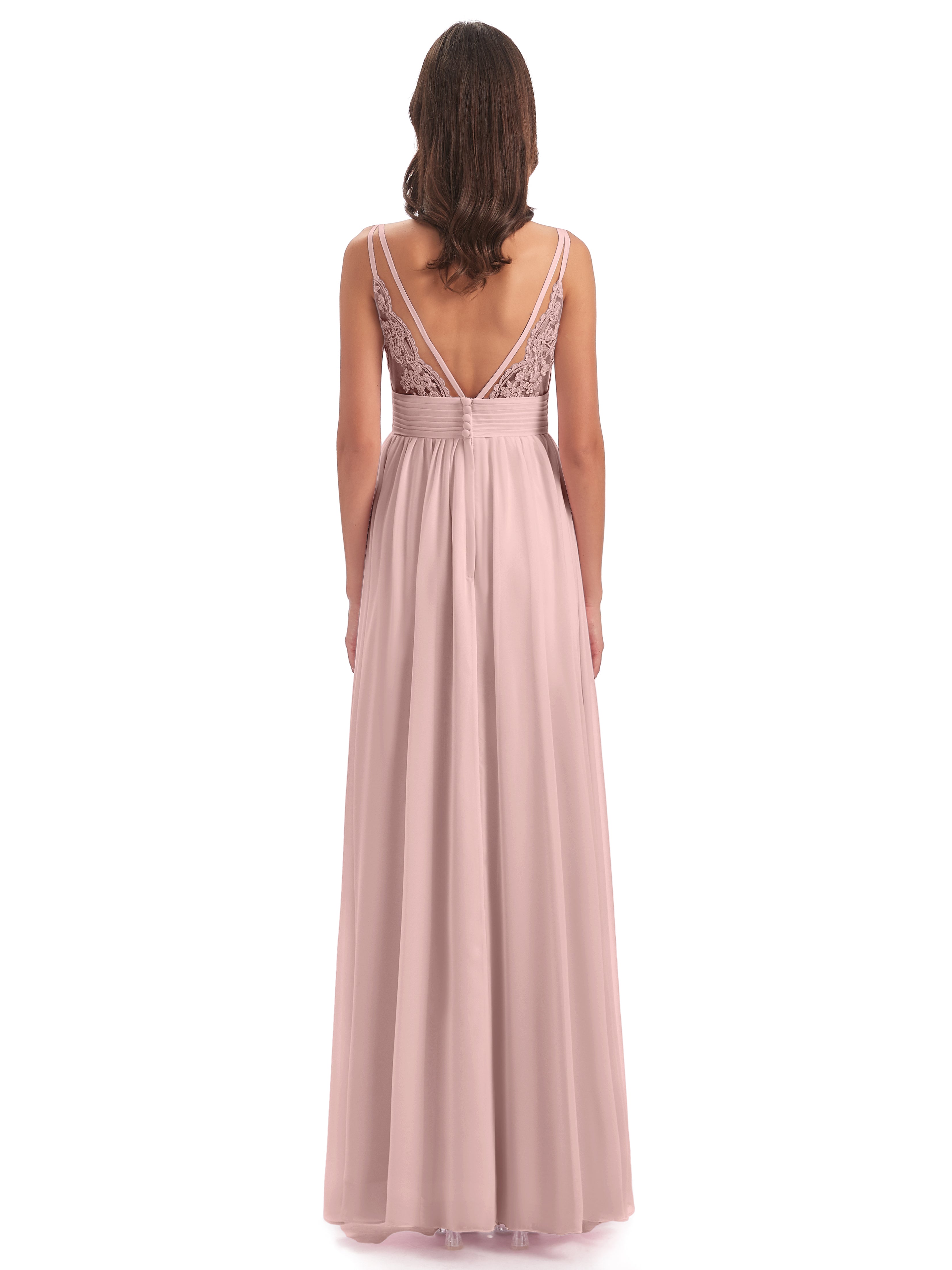 Robe Demoiselle D Honneur Rose Poudré Bretelles Spaghetti Plis Dentelle Robes Demoiselle D'Honneur