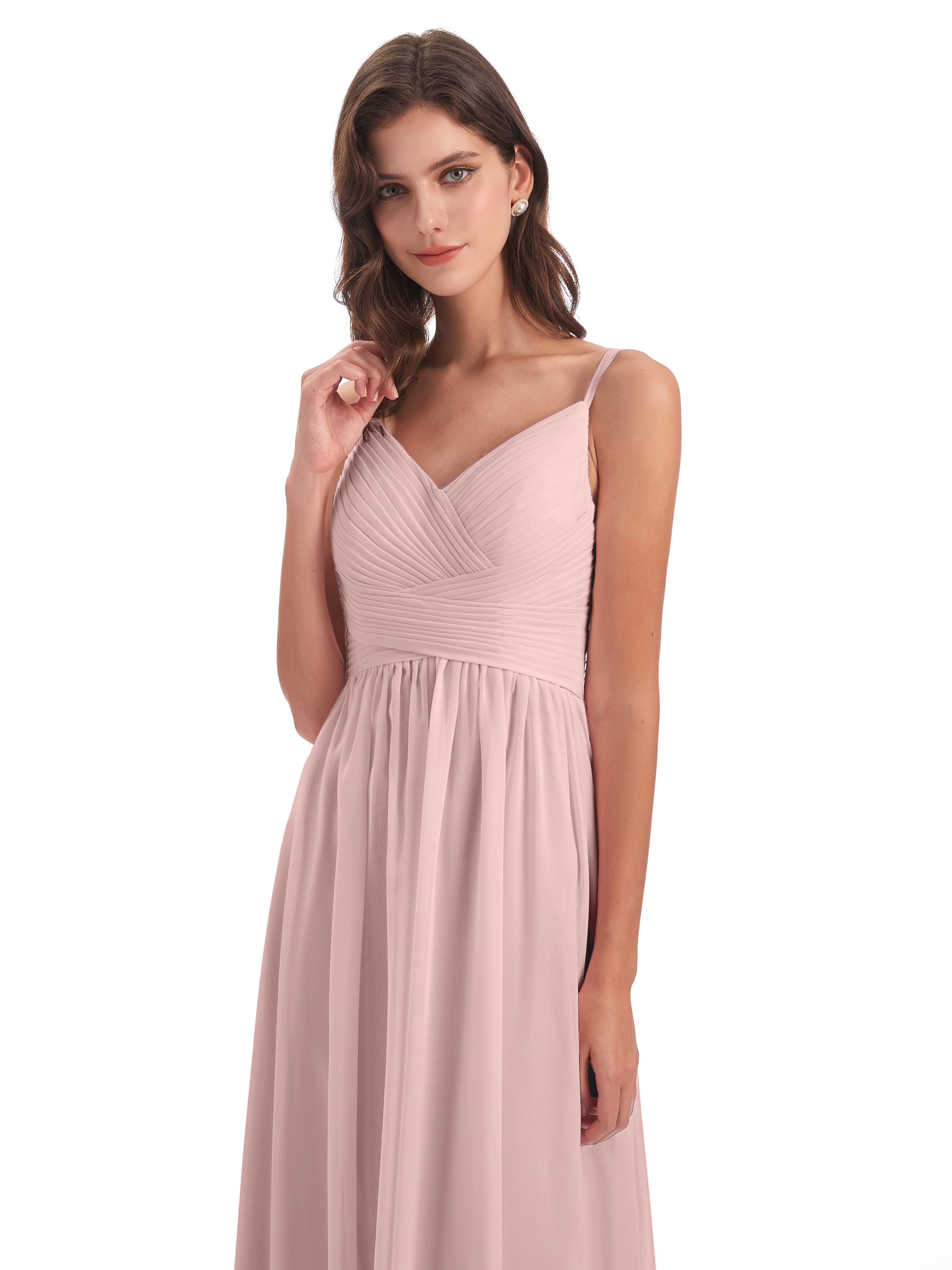 Robe Demoiselle D Honneur Rose Poudré Bretelles Spaghetti Plis Dentelle Robes Demoiselle D'Honneur