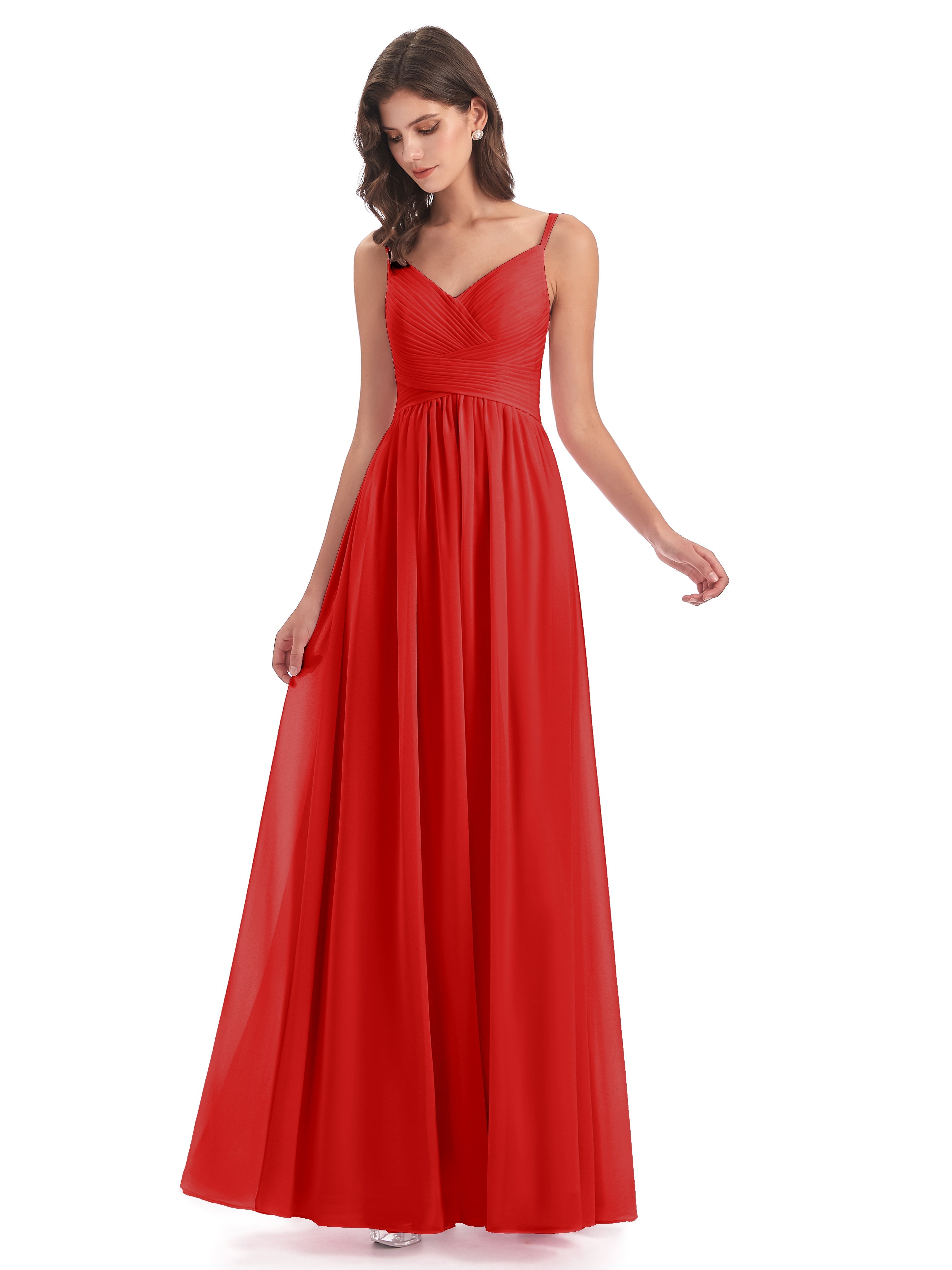 Robe Rouge Mariage Demoiselle D Honneur Bretelles Spaghetti Plis Dentelle Robes Demoiselle D'Honneur