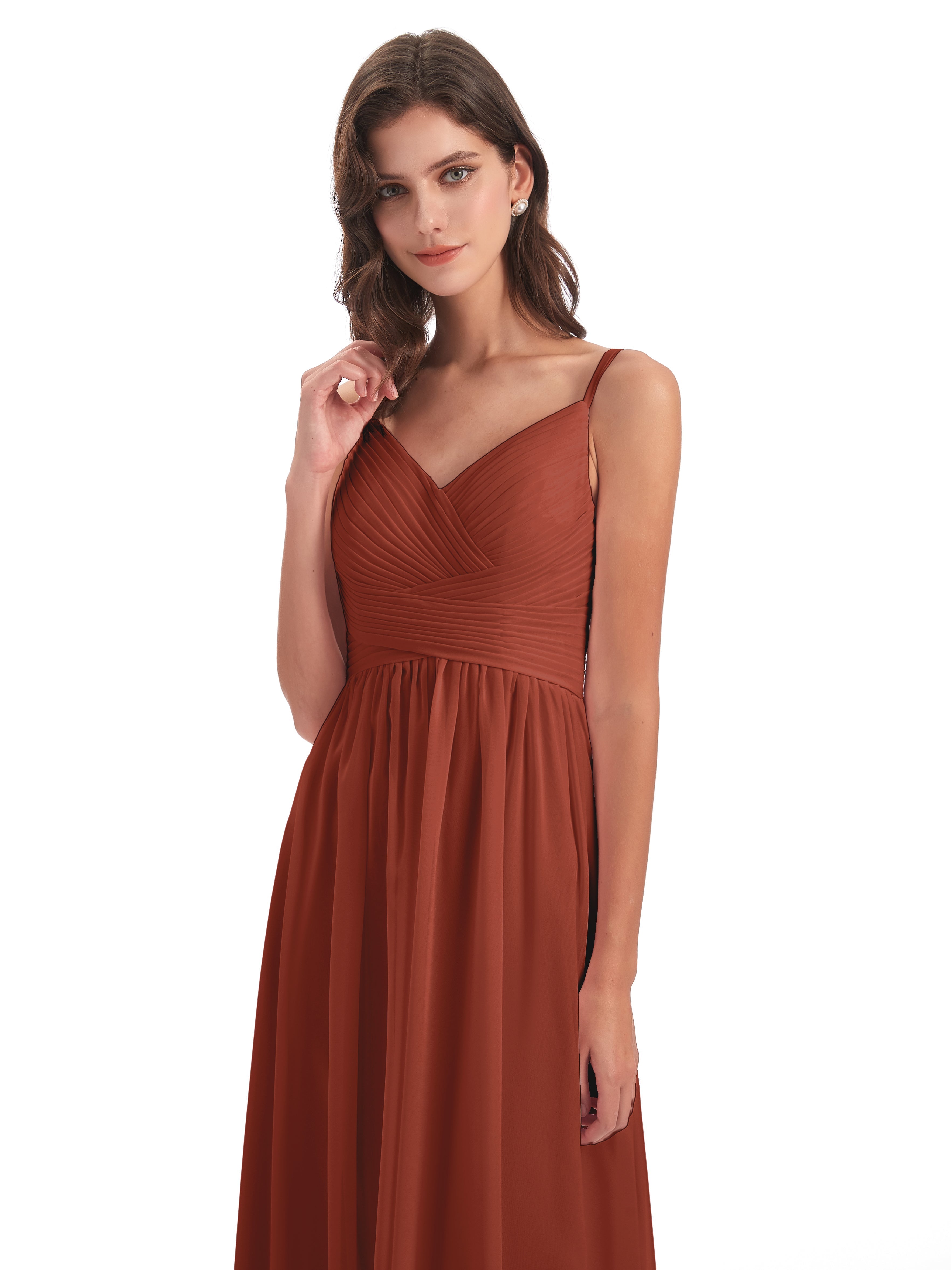 Robes De Demoiselle D'Honneur Rouille Bon Marché Bretelles Spaghetti Plis Dentelle Robes Demoiselle D'Honneur