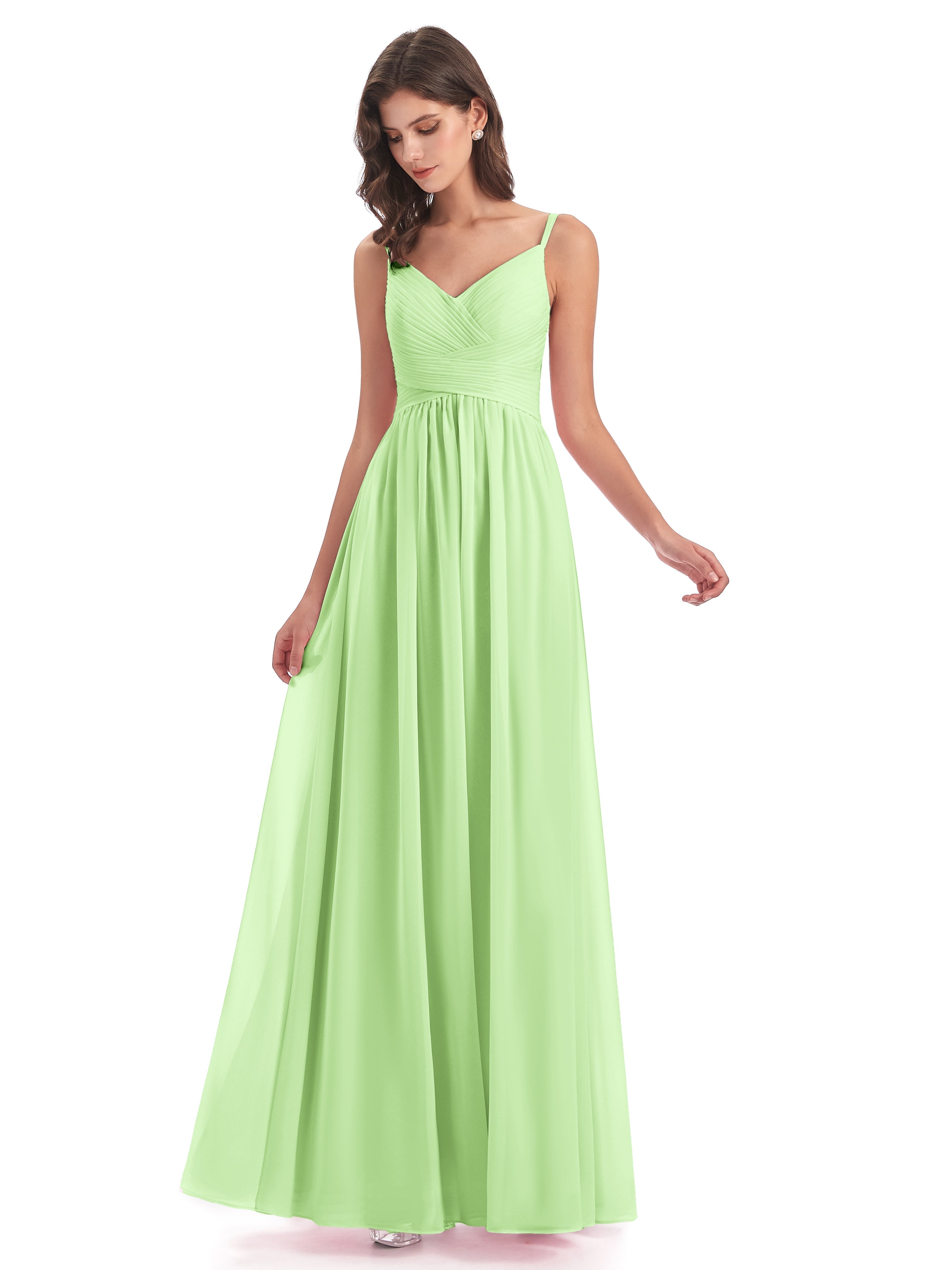Robe Demoiselle D Honneur Sauge Bretelles Spaghetti Plis Dentelle Robes Demoiselle D'Honneur