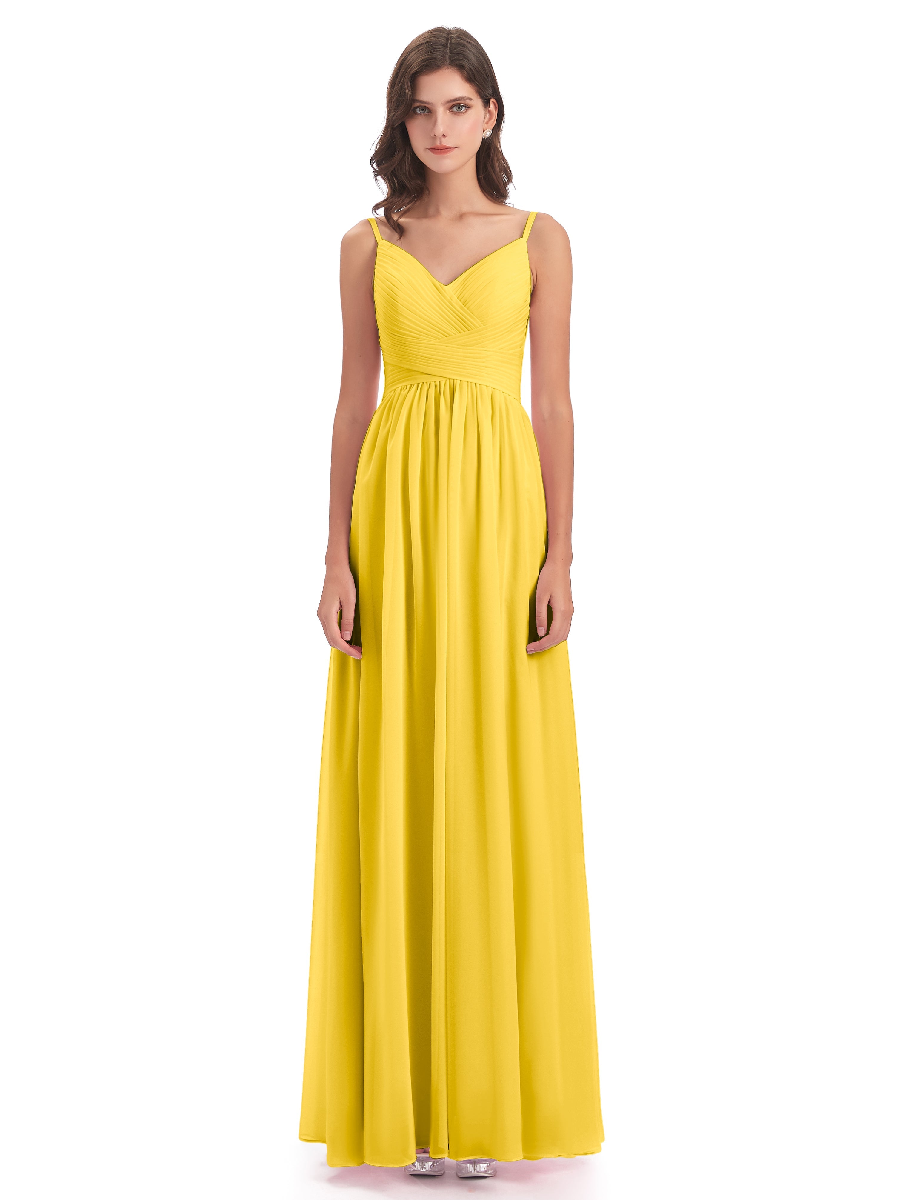 Robe De Demoiselle D'Honneur Souci Bretelles Spaghetti Plis Dentelle Robes Demoiselle D'Honneur