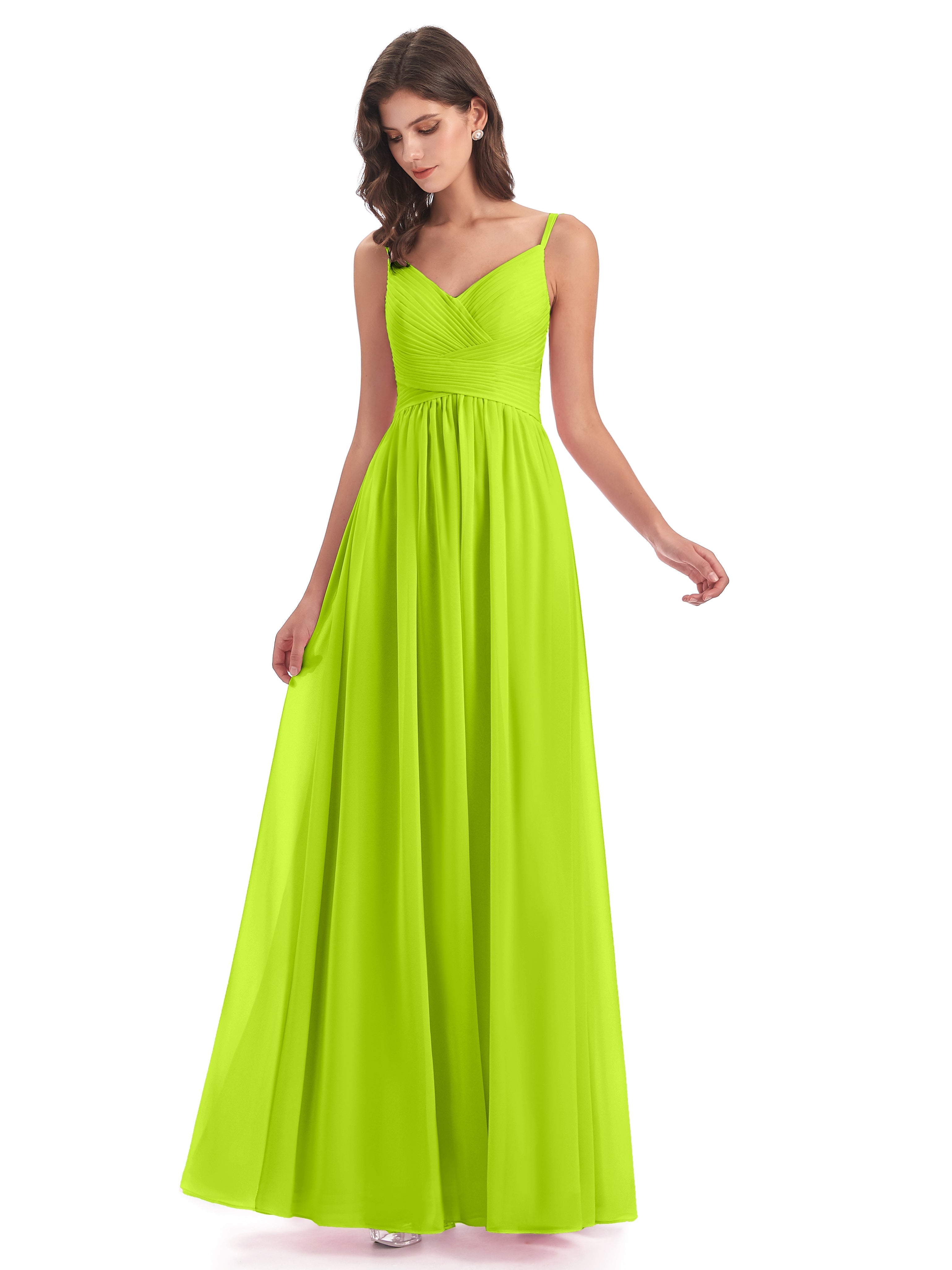 Robes De Demoiselle D'Honneur Vert Citron Bretelles Spaghetti Plis Dentelle Robes Demoiselle D'Honneur