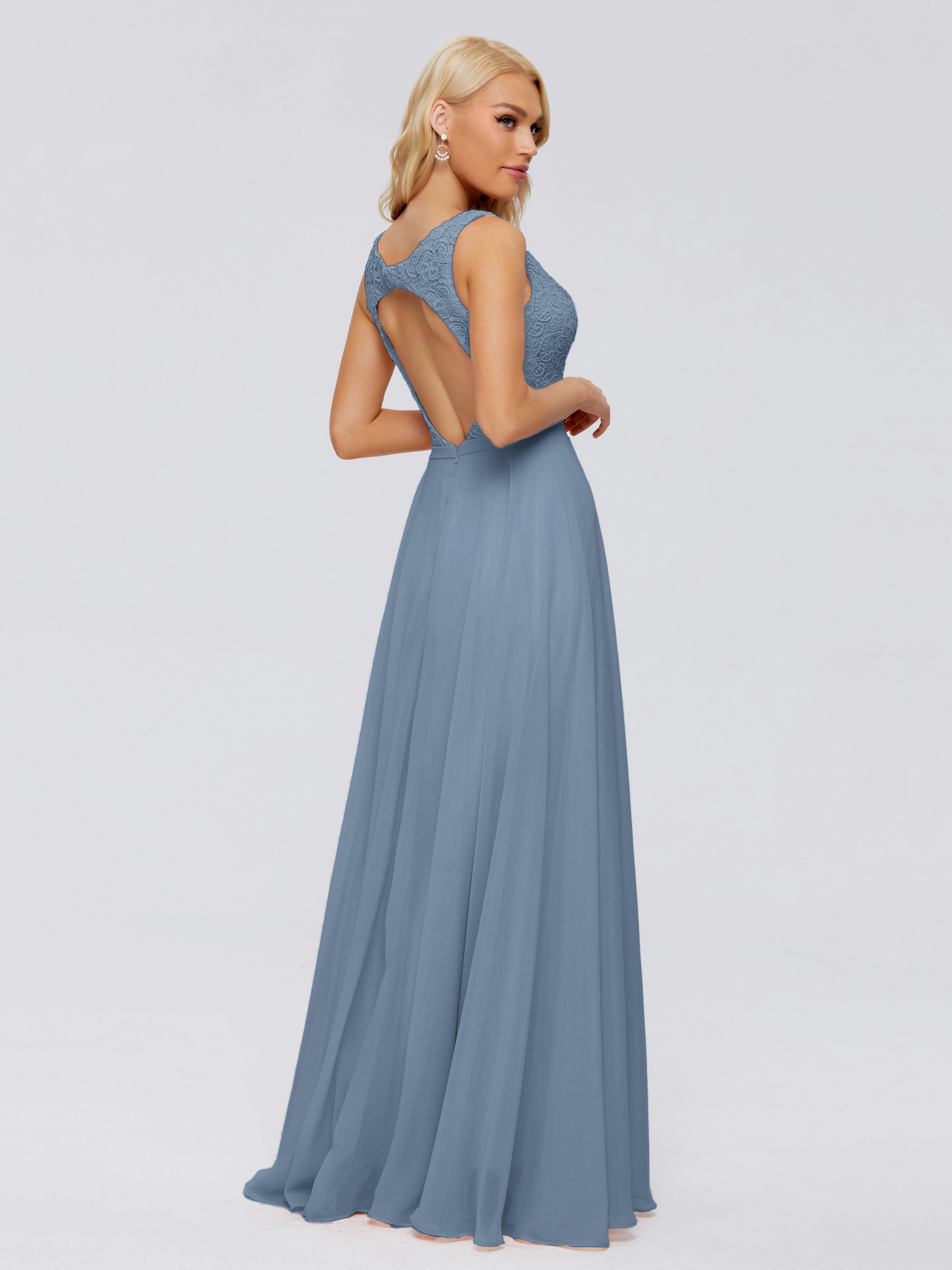 Robes De Demoiselle D'Honneur Bleu De Schiste Trapèze Col V Bretelle Mousseline Robes Demoiselle D'Honneur