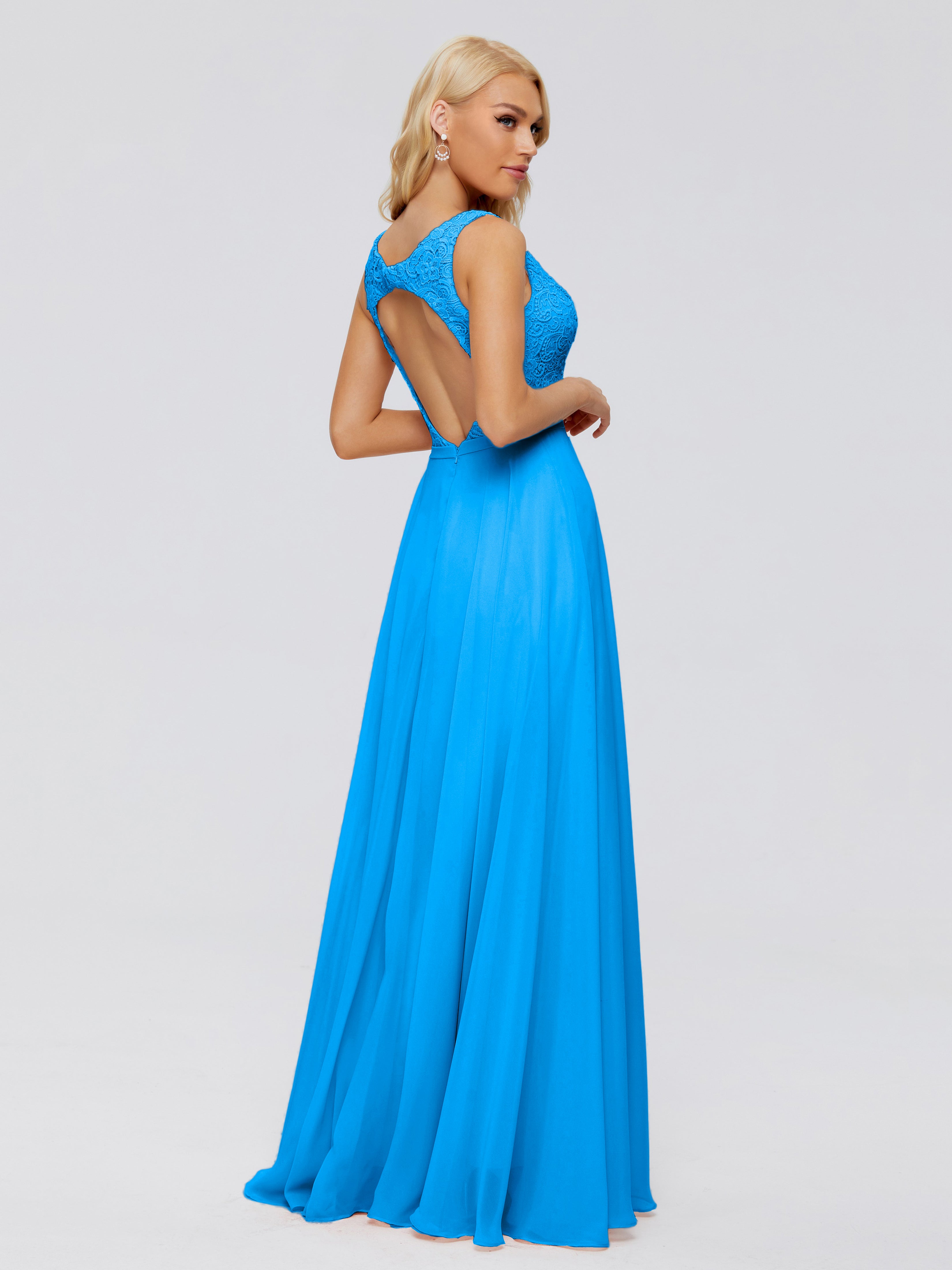 Robes De Demoiselle D'Honneur Bleu Océan Trapèze Col V Bretelle Mousseline Robes Demoiselle D'Honneur