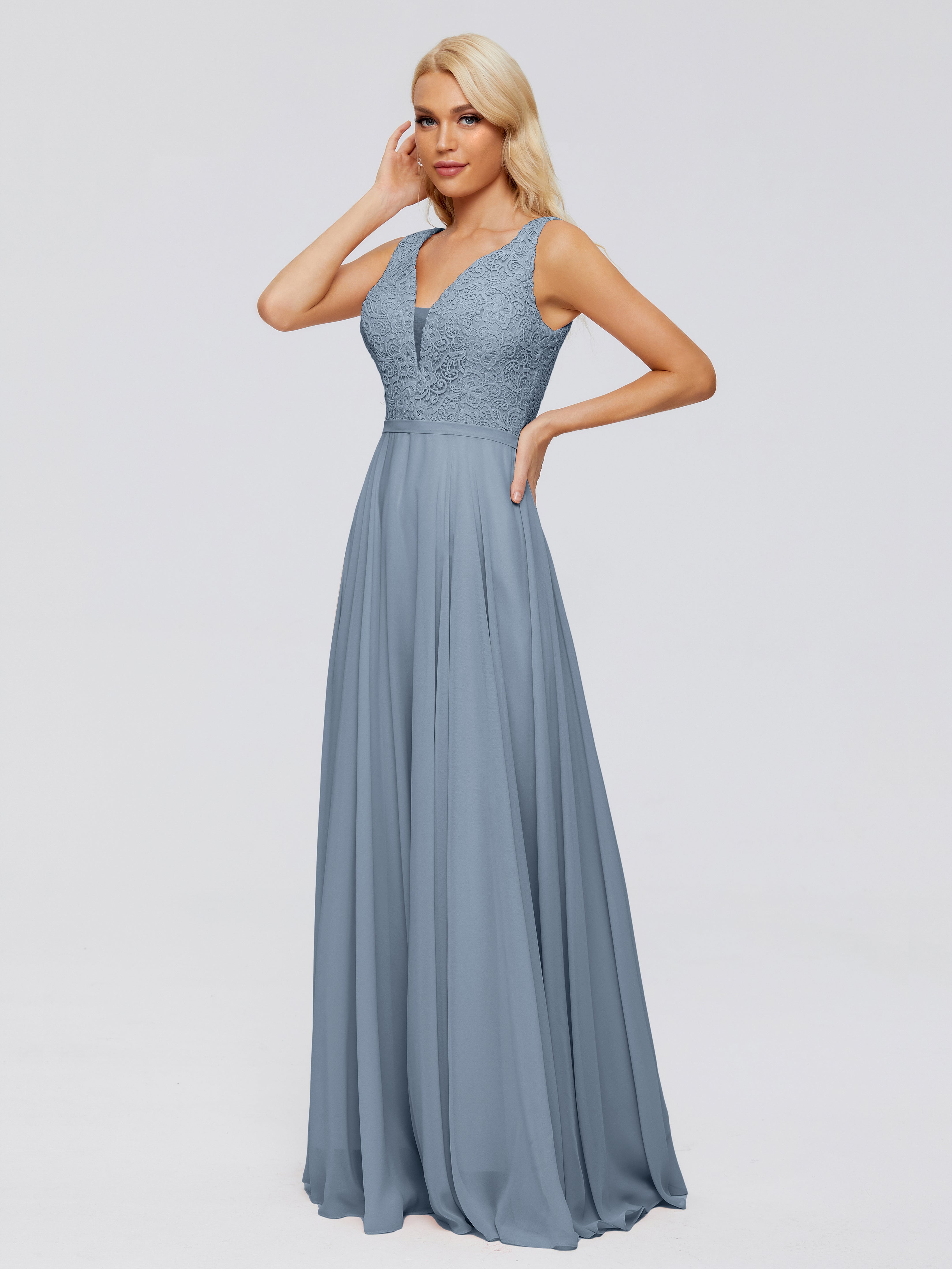 Robes De Demoiselle D'Honneur Bleu Poudre Trapèze Col V Bretelle Mousseline Robes Demoiselle D'Honneur
