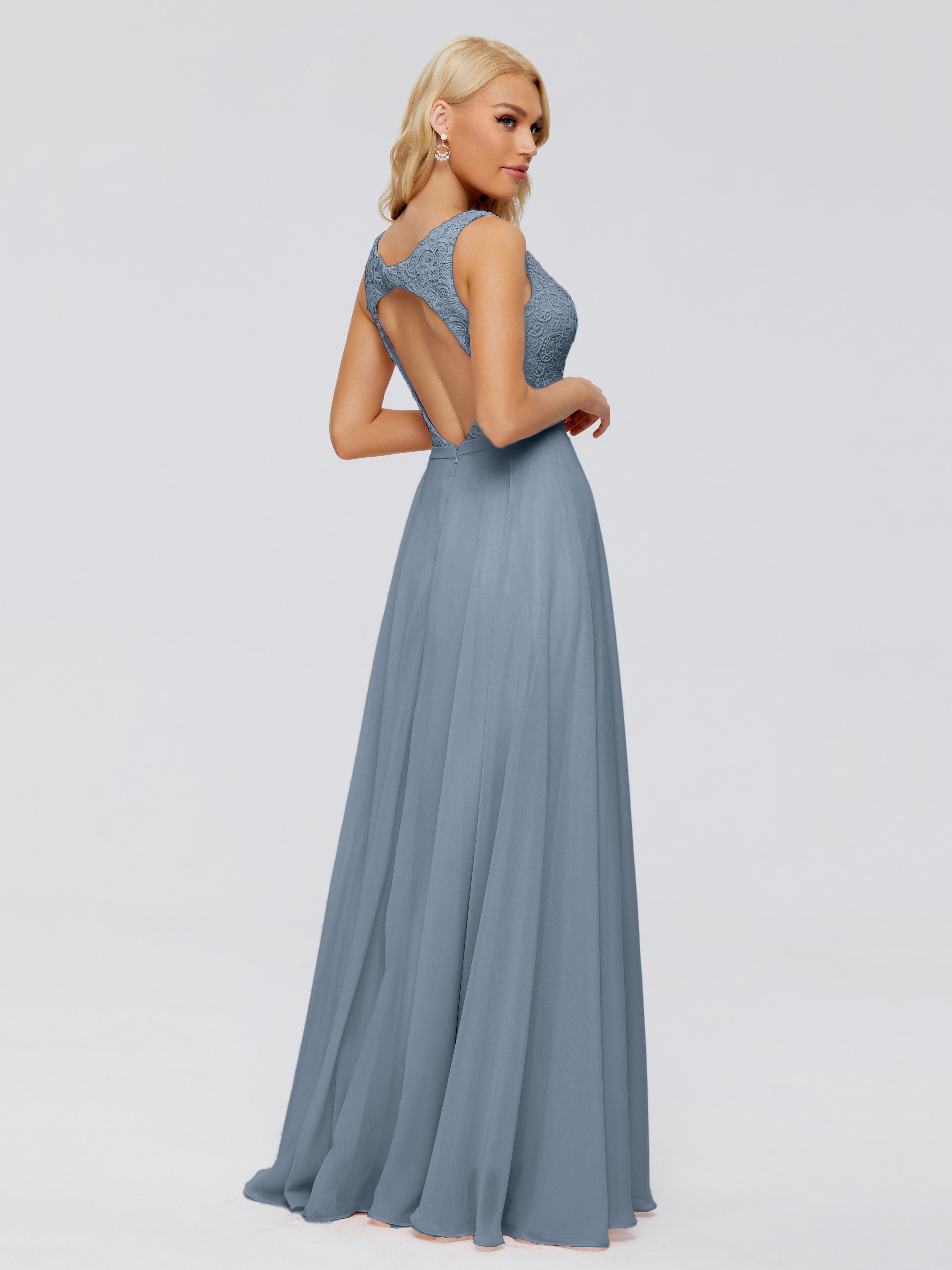 Robes De Demoiselle D'Honneur Bleu Poudre Trapèze Col V Bretelle Mousseline Robes Demoiselle D'Honneur