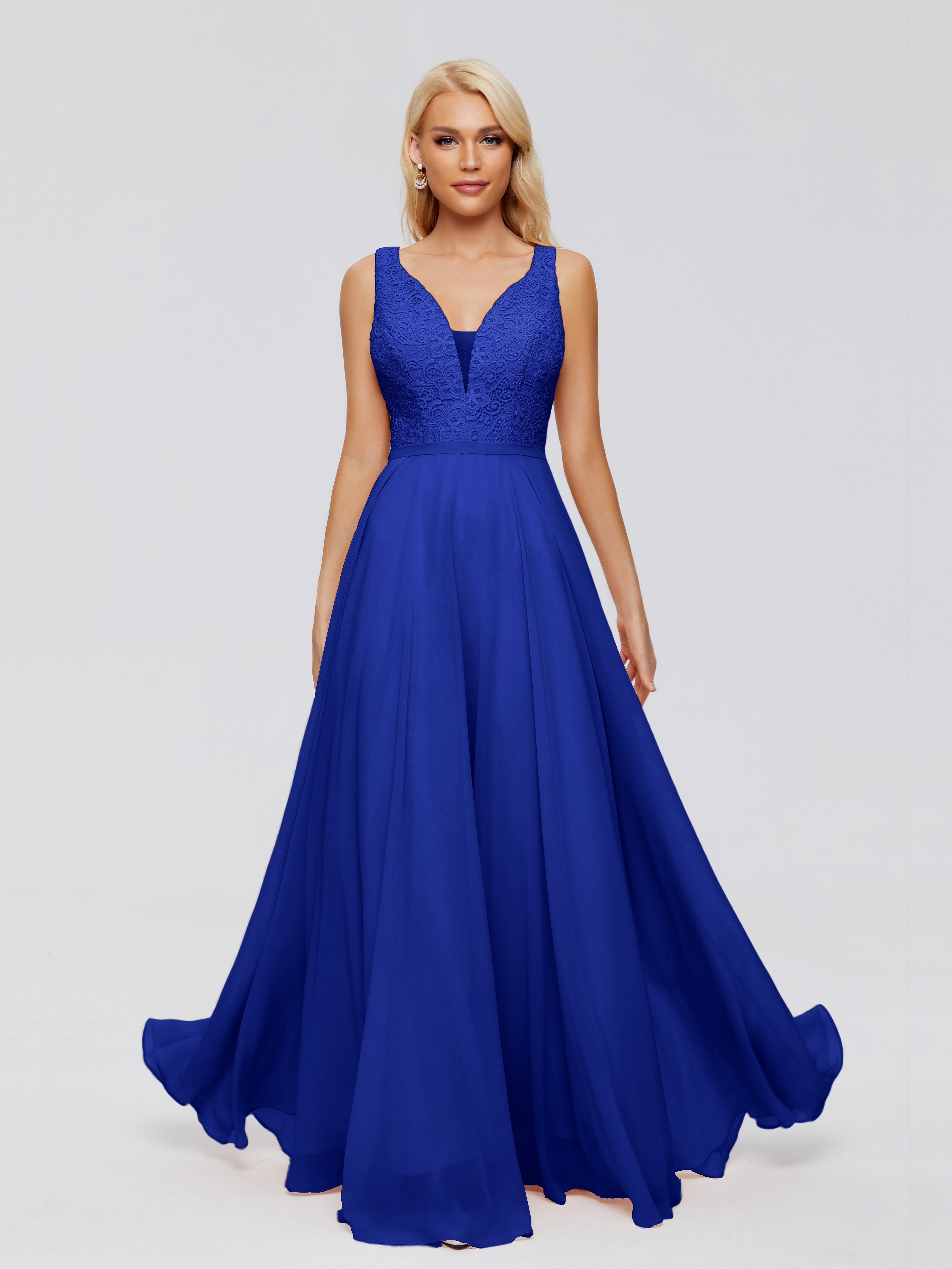 Robe Bleu Roi Demoiselle D Honneur Trapèze Col V Bretelle Mousseline Robes Demoiselle D'Honneur