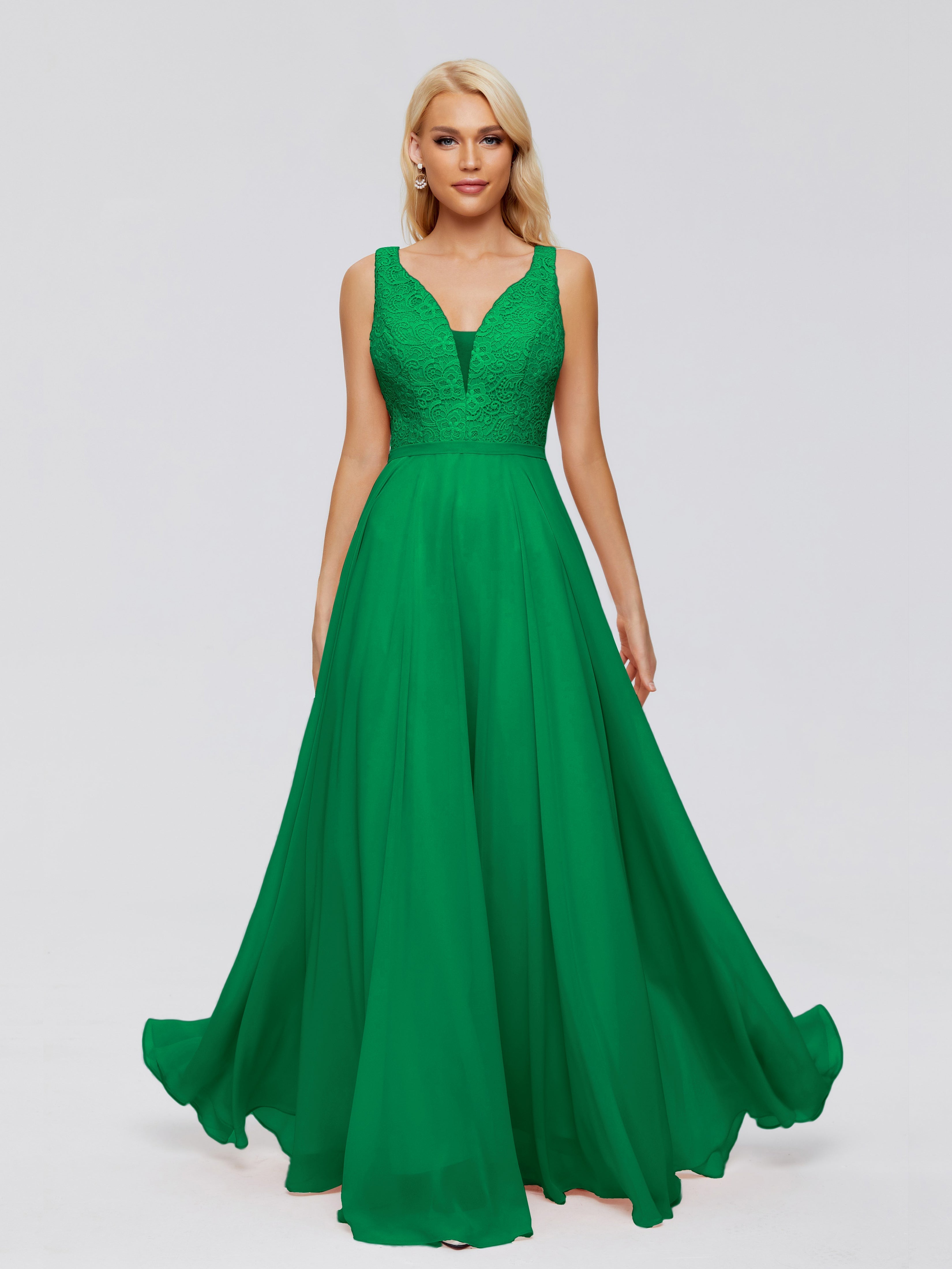 Robe Demoiselle D Honneur Emeraude Trapèze Col V Bretelle Mousseline Robes Demoiselle D'Honneur