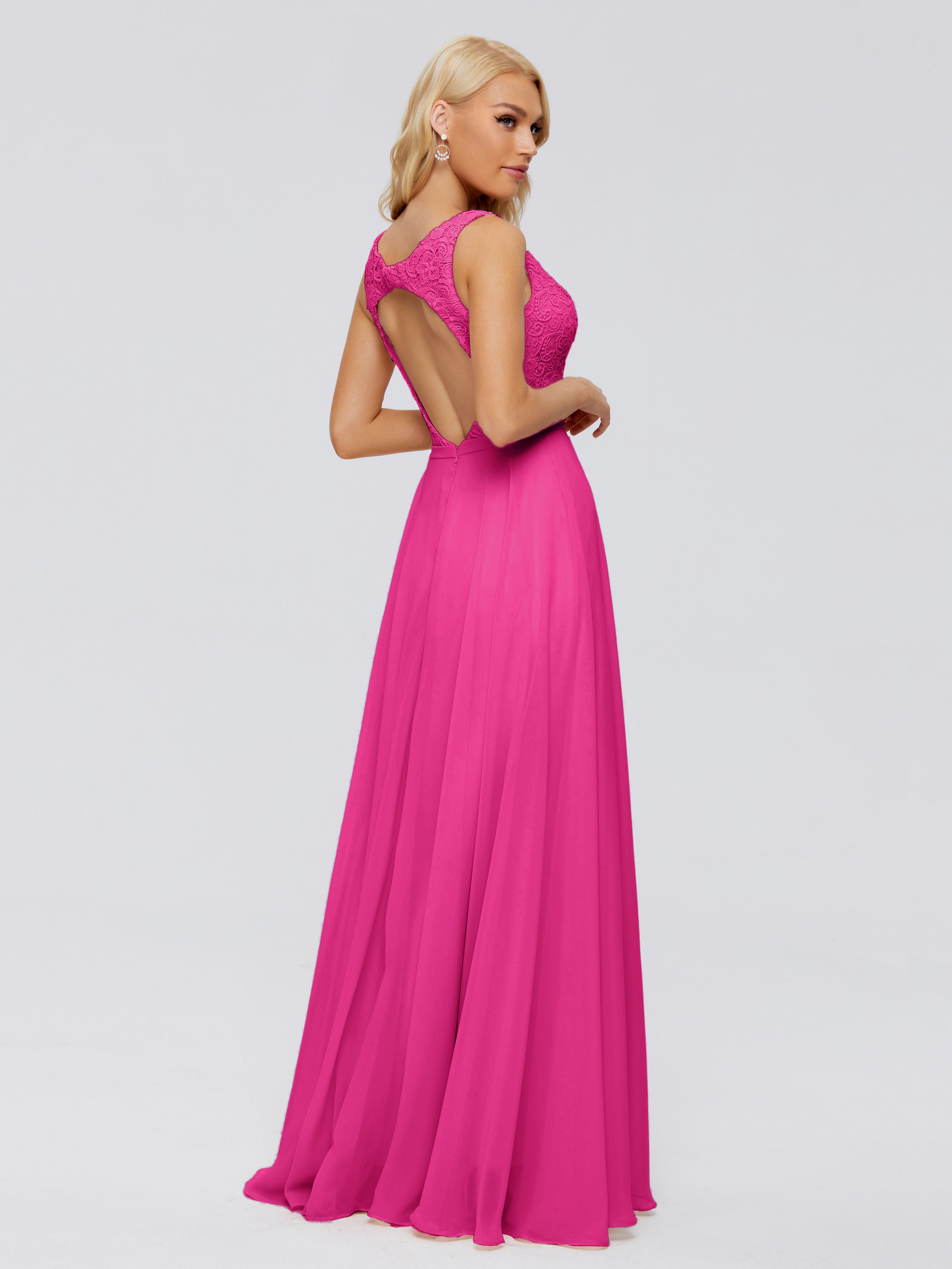 Robe Rose Fuchsia Demoiselle D Honneur Trapèze Col V Bretelle Mousseline Robes Demoiselle D'Honneur