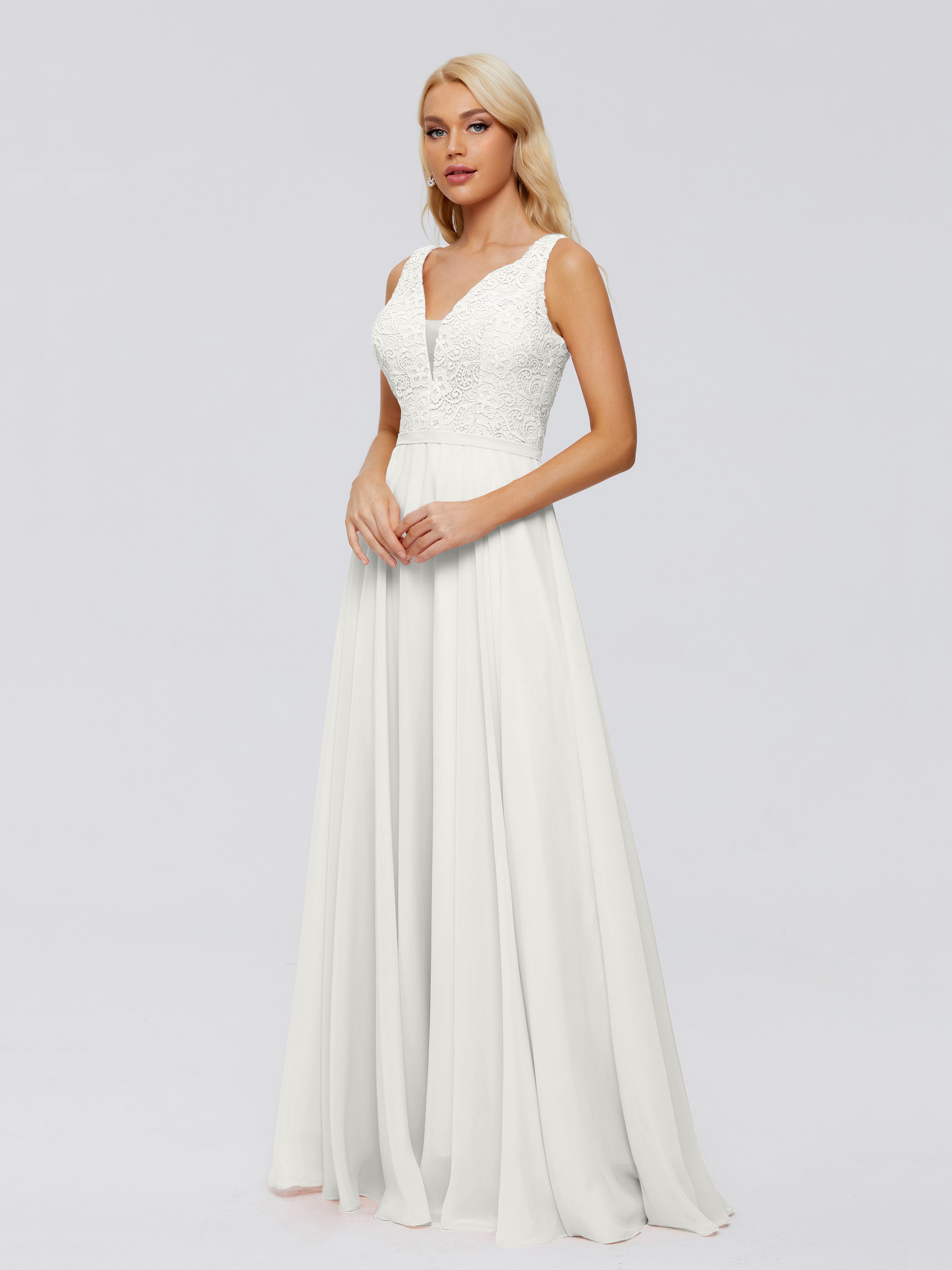 Robe De Demoiselle D Honneur Ivoire Trapèze Col V Bretelle Mousseline Robes Demoiselle D'Honneur