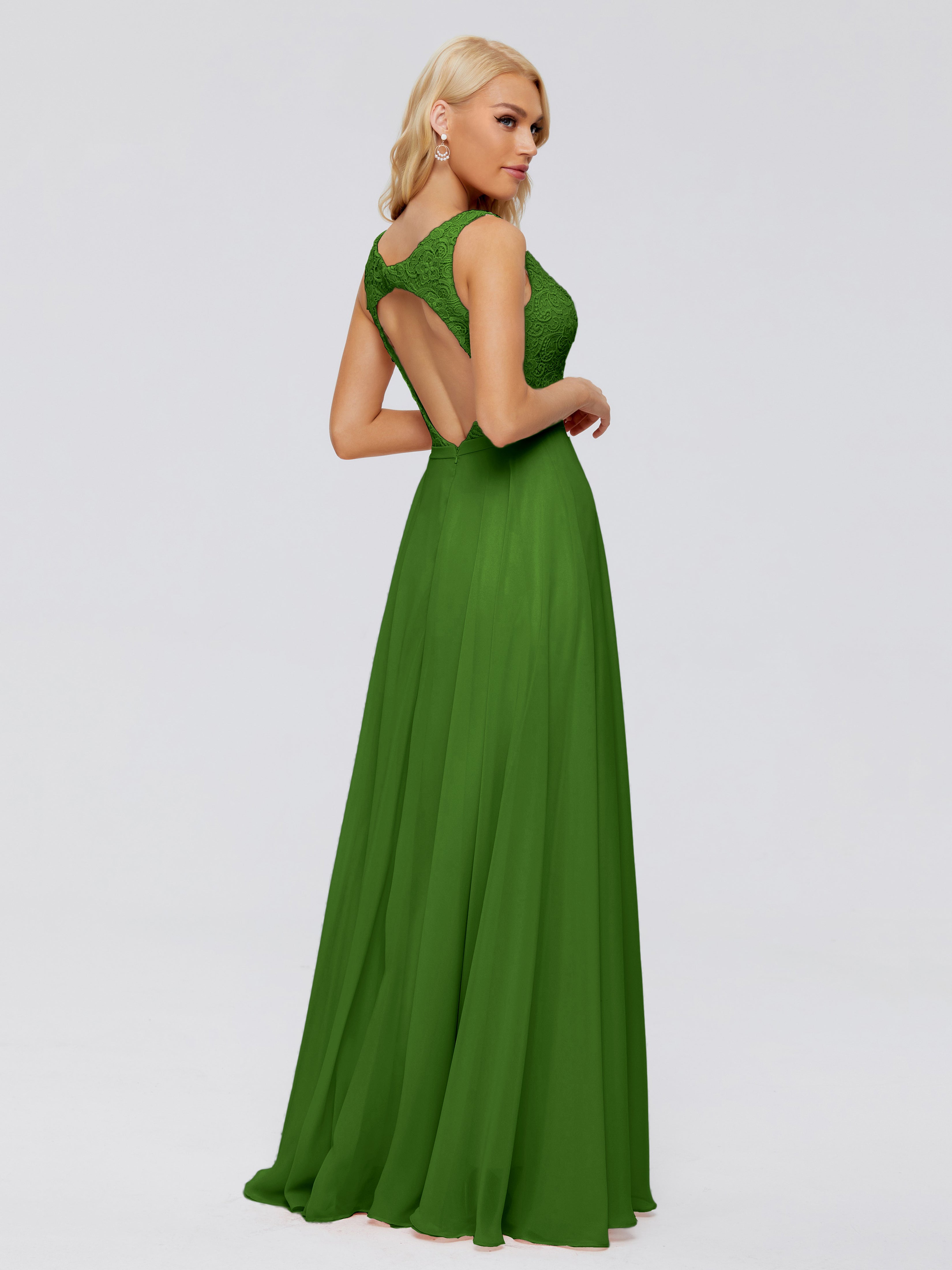 Robes De Demoiselle D'Honneur Vert Mousse Trapèze Col V Bretelle Mousseline Robes Demoiselle D'Honneur