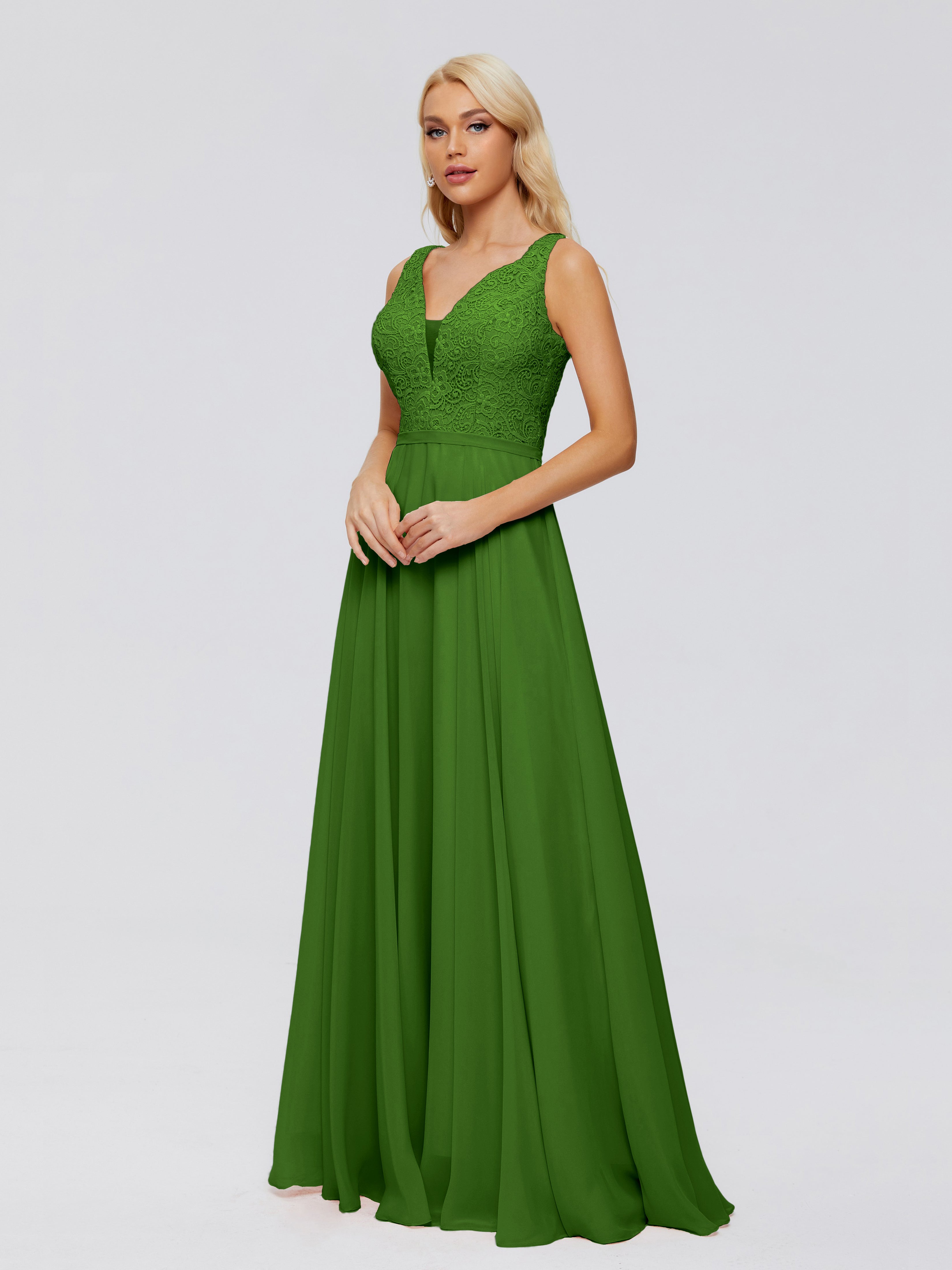 Robes De Demoiselle D'Honneur Vert Mousse Trapèze Col V Bretelle Mousseline Robes Demoiselle D'Honneur