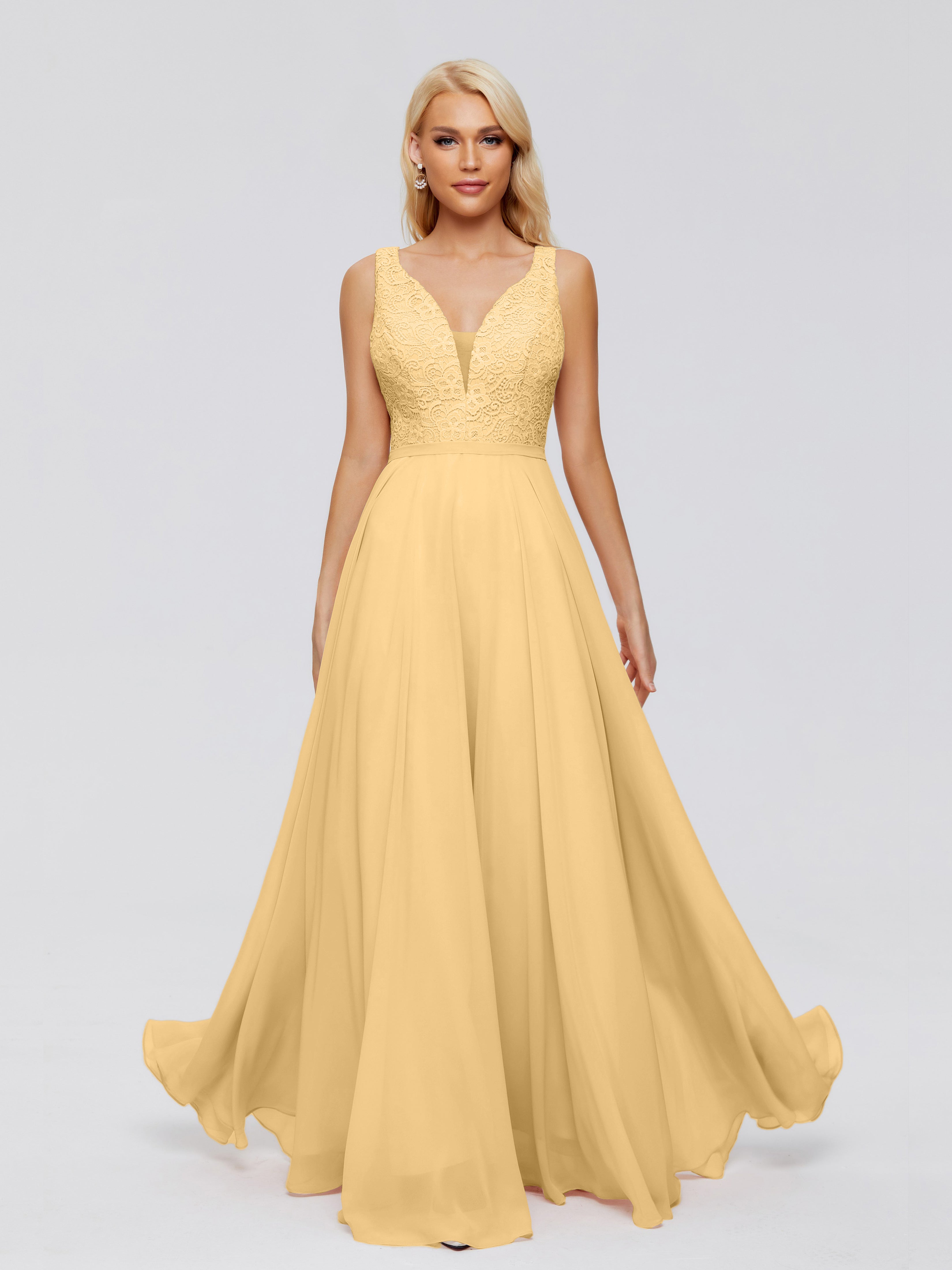 Robe Dorée Mariage Demoiselle D Honneur Trapèze Col V Bretelle Mousseline Robes Demoiselle D'Honneur