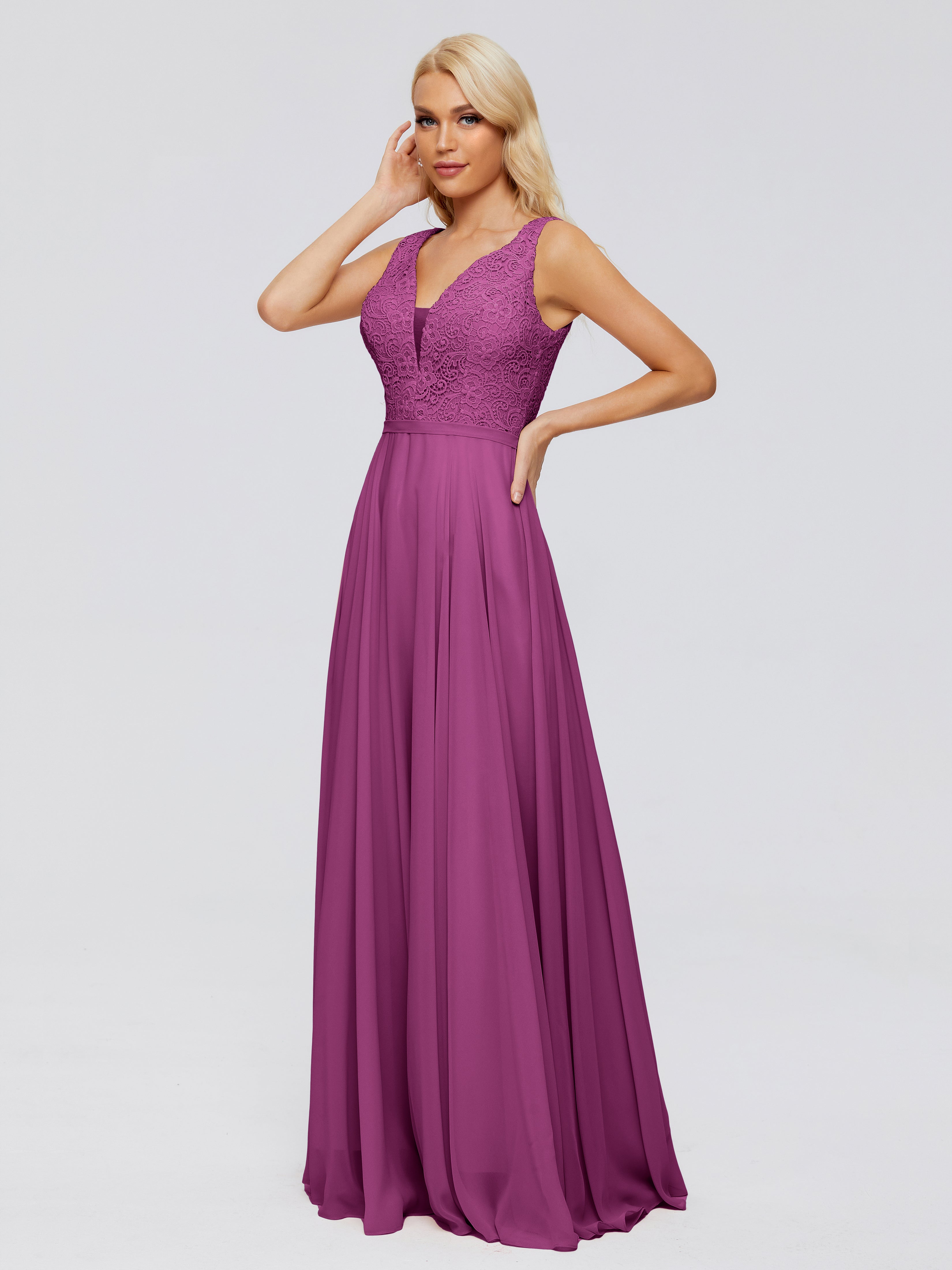 Robes De Demoiselle D'Honneur Orchidée Trapèze Col V Bretelle Mousseline Robes Demoiselle D'Honneur