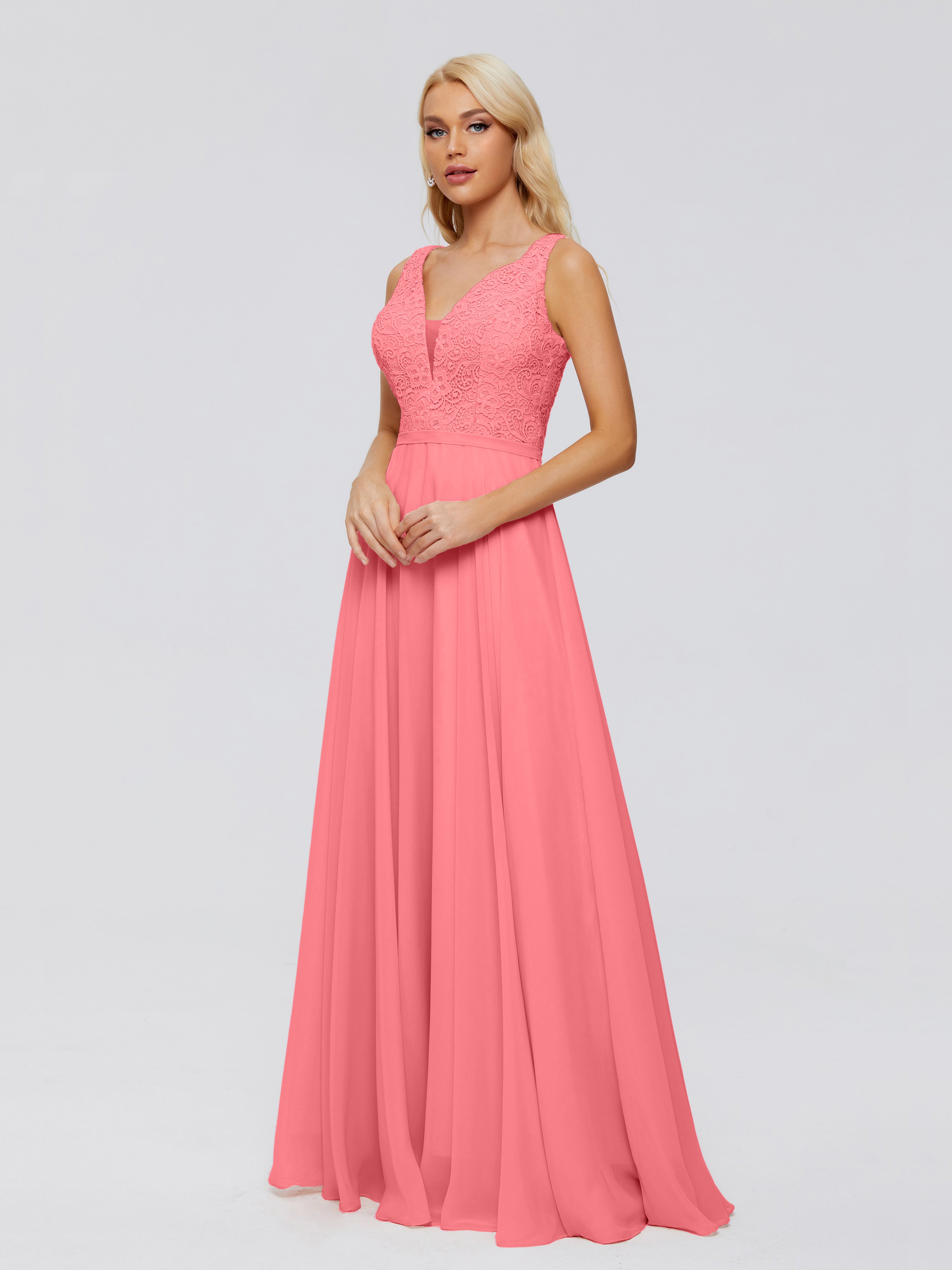 Robes De Demoiselle D'Honneur Pastèque Trapèze Col V Bretelle Mousseline Robes Demoiselle D'Honneur