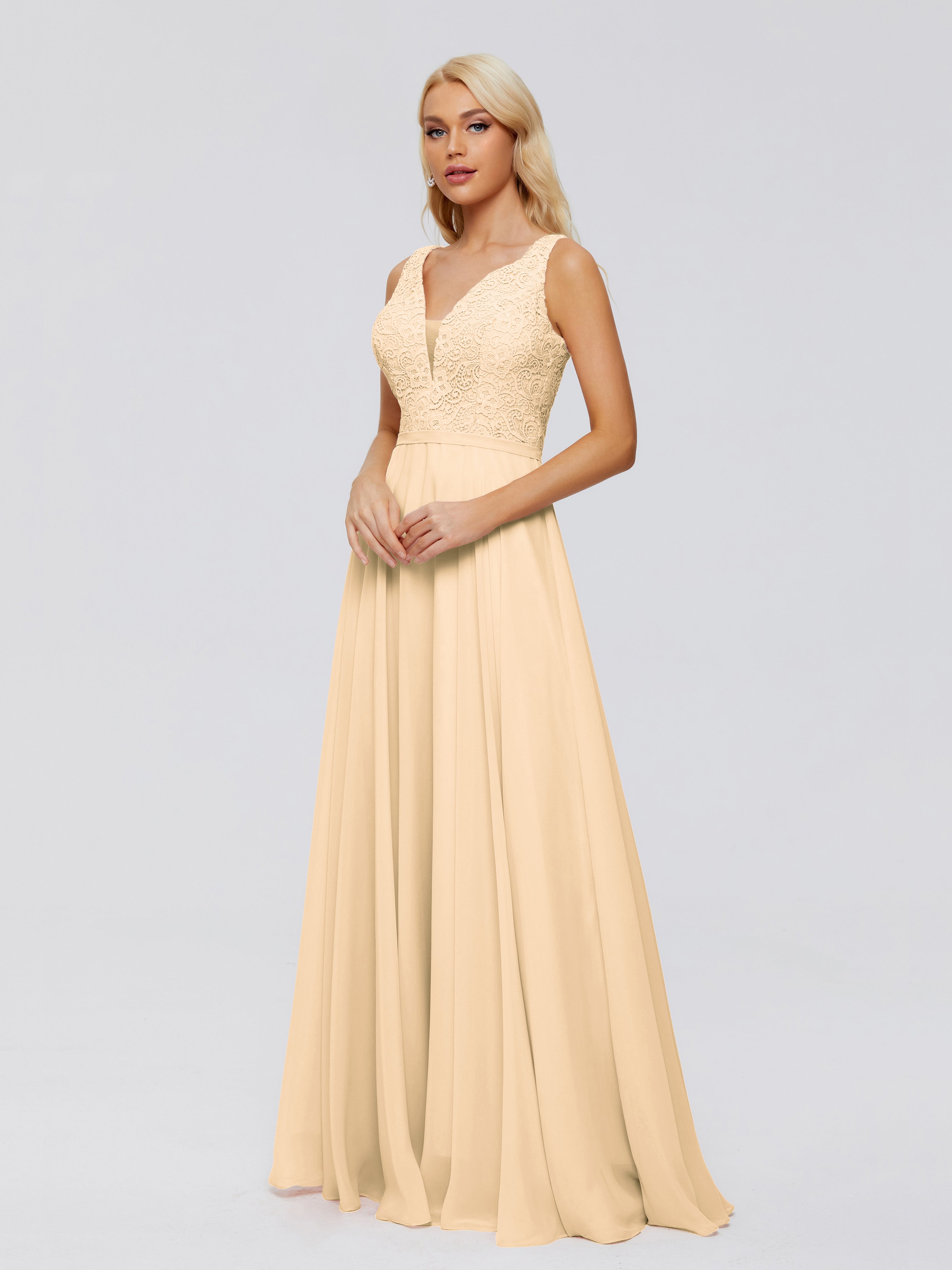 Robe Demoiselle D Honneur Rose Peche Trapèze Col V Bretelle Mousseline Robes Demoiselle D'Honneur