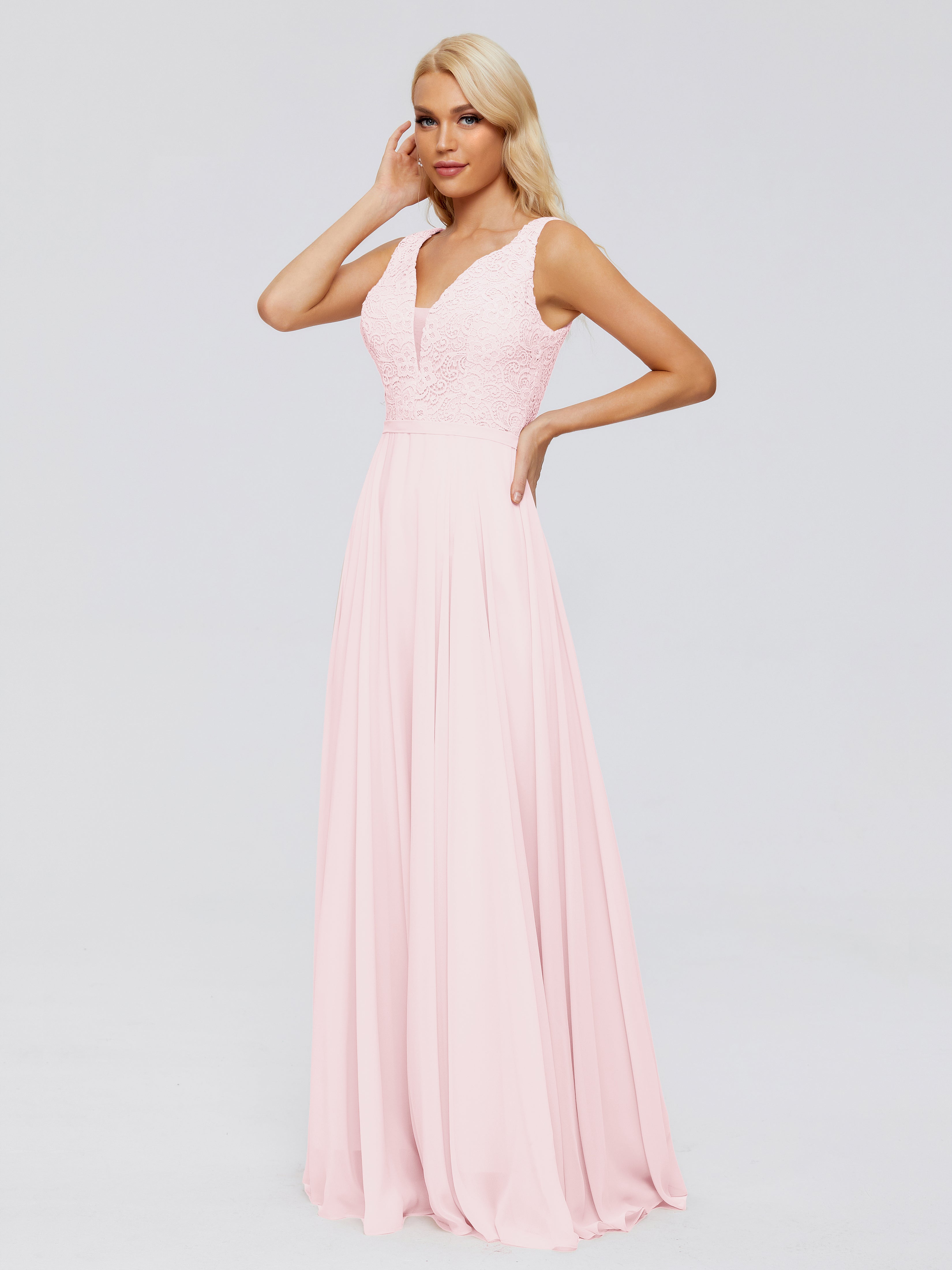 Robes Demoiselle D Honneur Rose Pale Trapèze Col V Bretelle Mousseline Robes Demoiselle D'Honneur