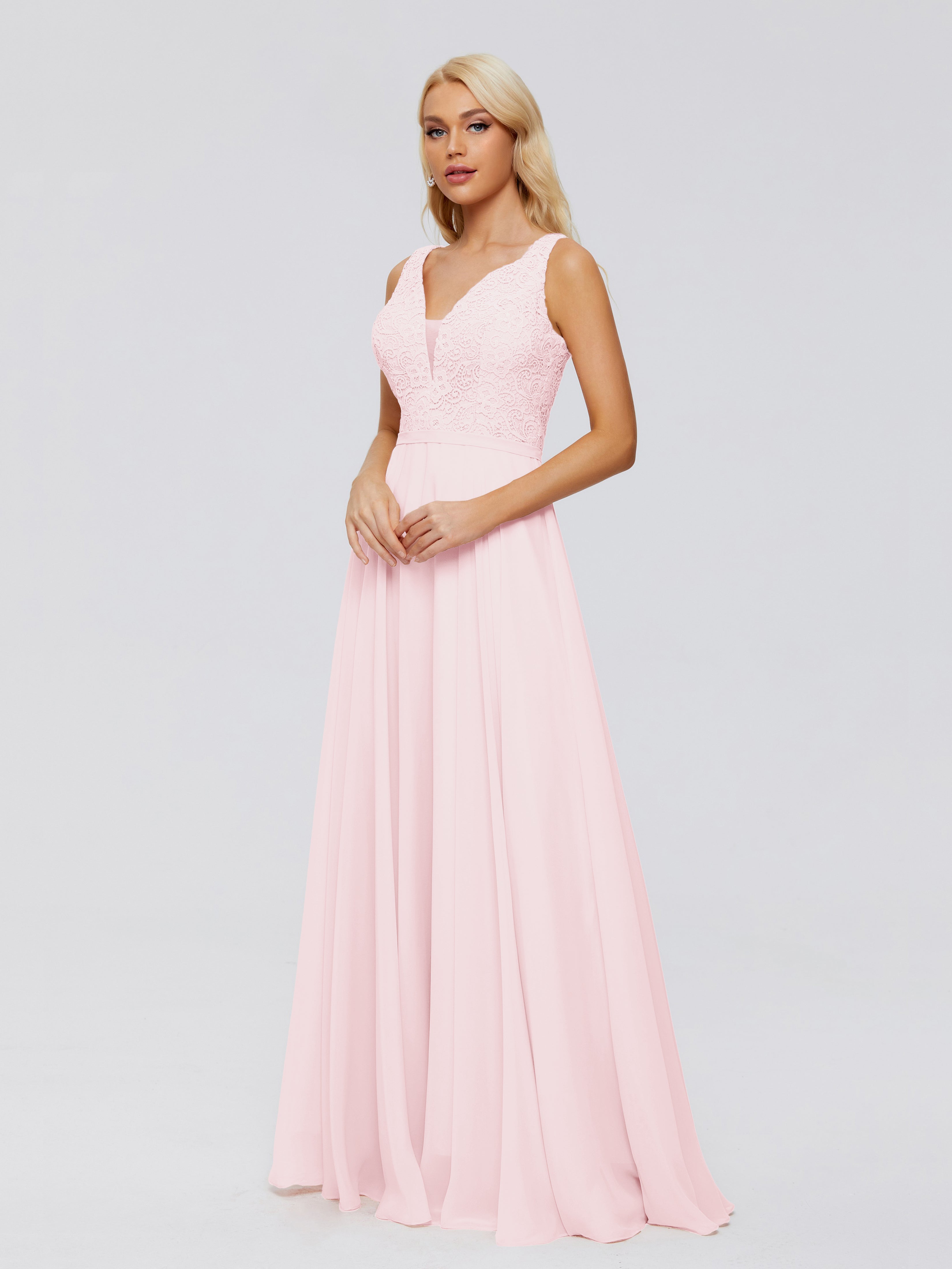 Robes Demoiselle D Honneur Rose Pale Trapèze Col V Bretelle Mousseline Robes Demoiselle D'Honneur