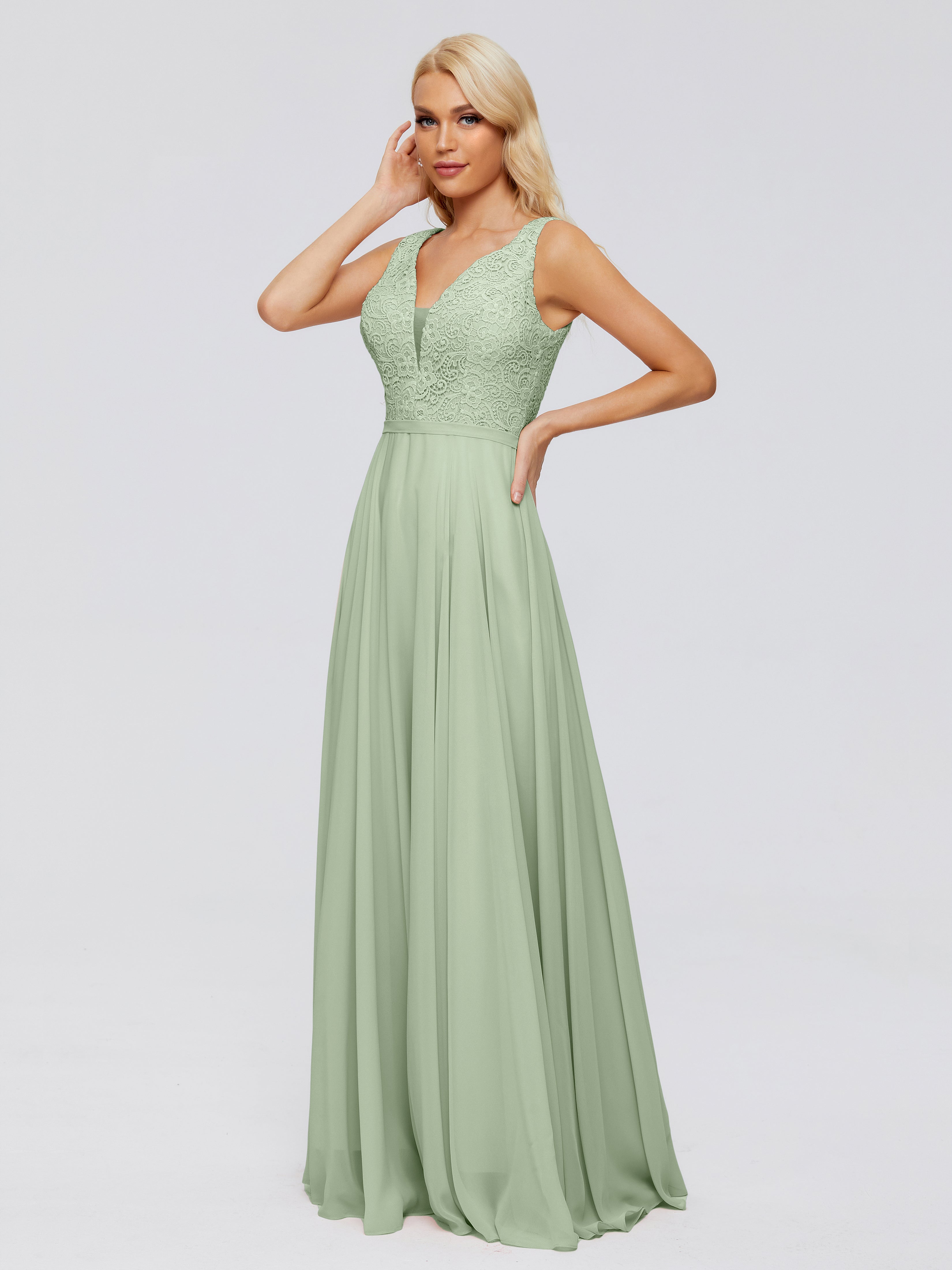 Robe De Demoiselle D'Honneur De Sauge Poussiéreuse Au Sol Trapèze Col V Bretelle Mousseline