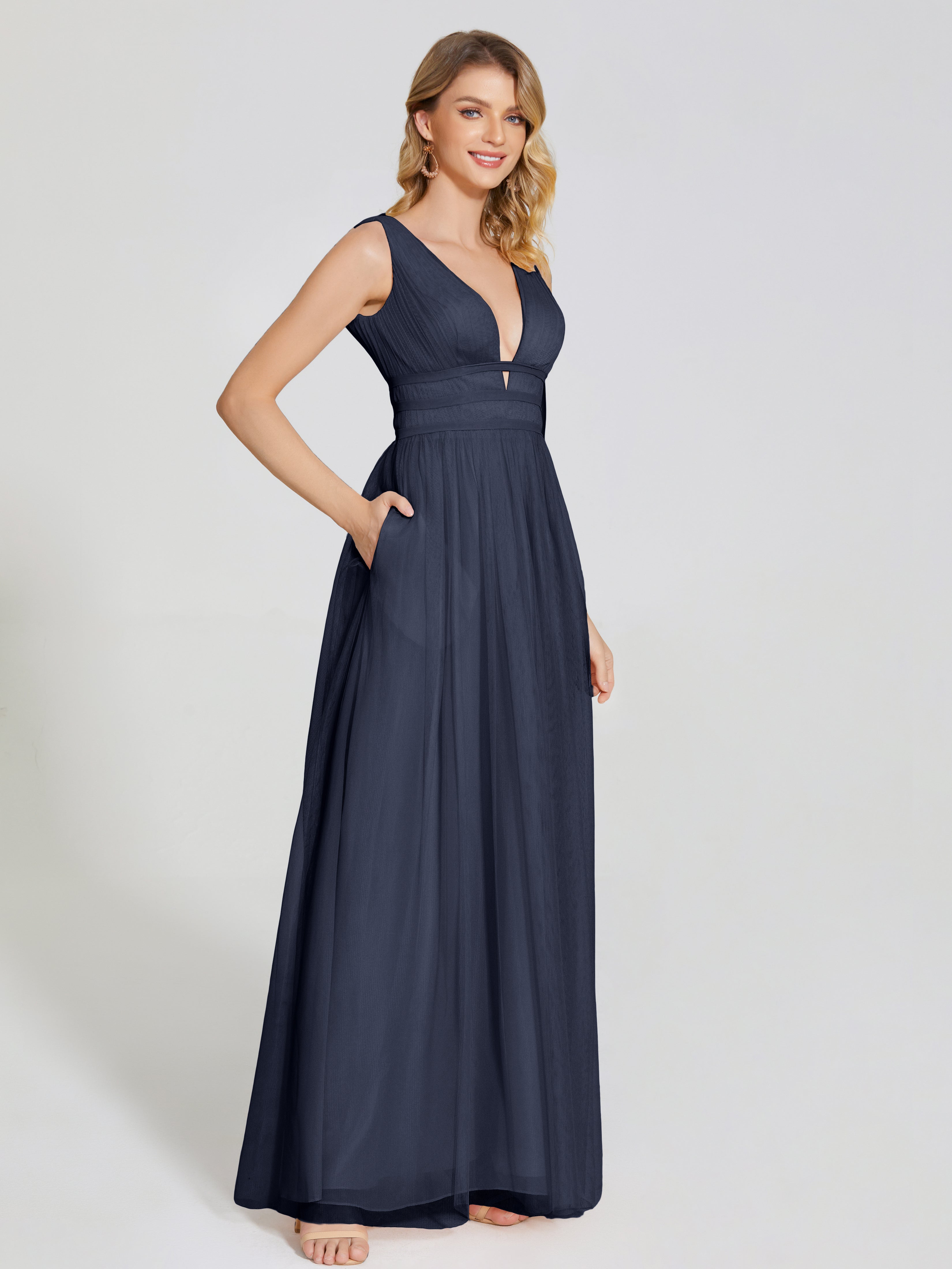 Robe Bleue Marine Demoiselle D Honneur Bretelles Dos Nu Sexy Tulle Robe De Demoiselle D'Honneur