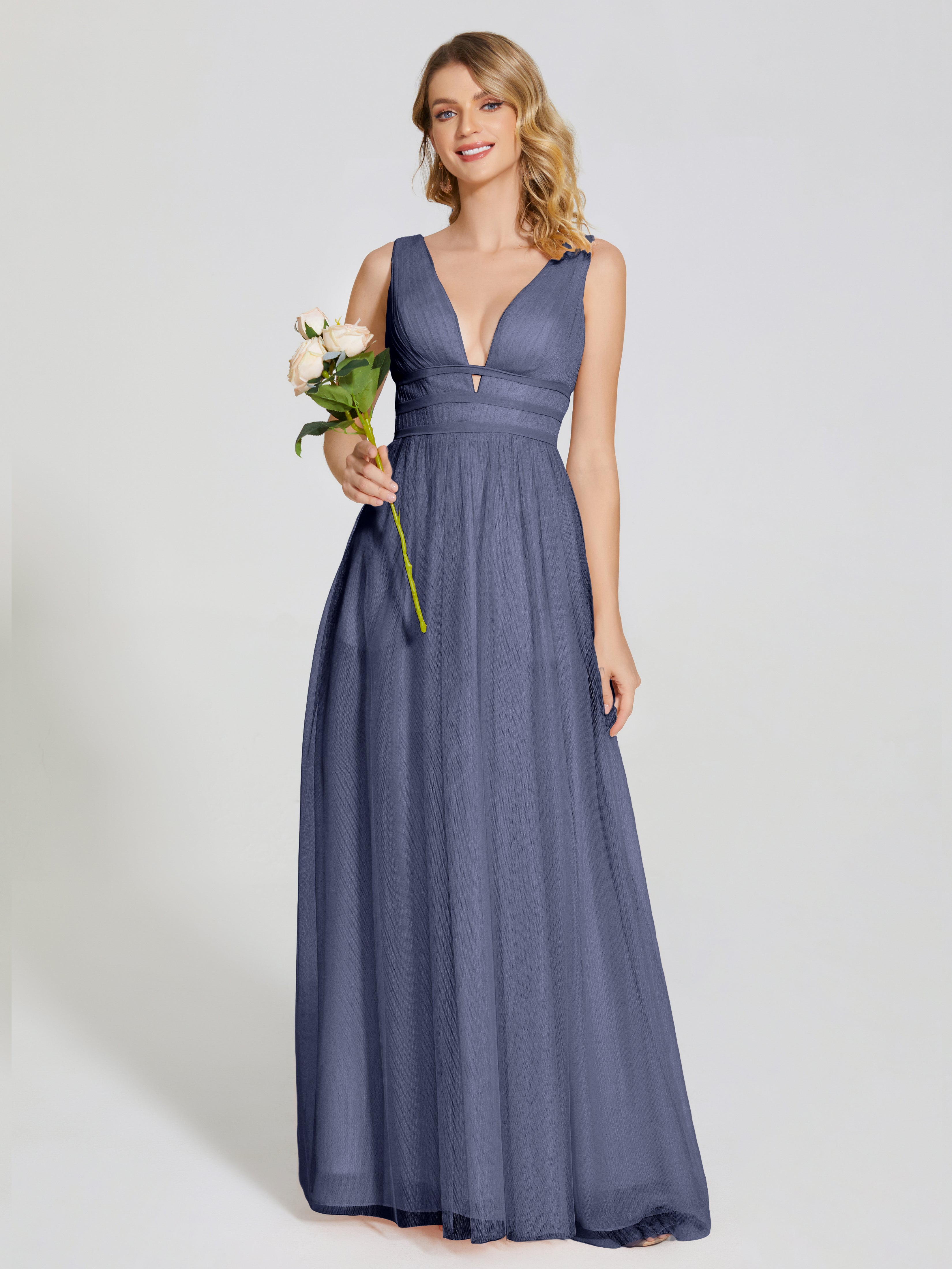 Robes De Demoiselle D'Honneur Bleu Orageux Bretelles Dos Nu Sexy Tulle Robe De Demoiselle D'Honneur