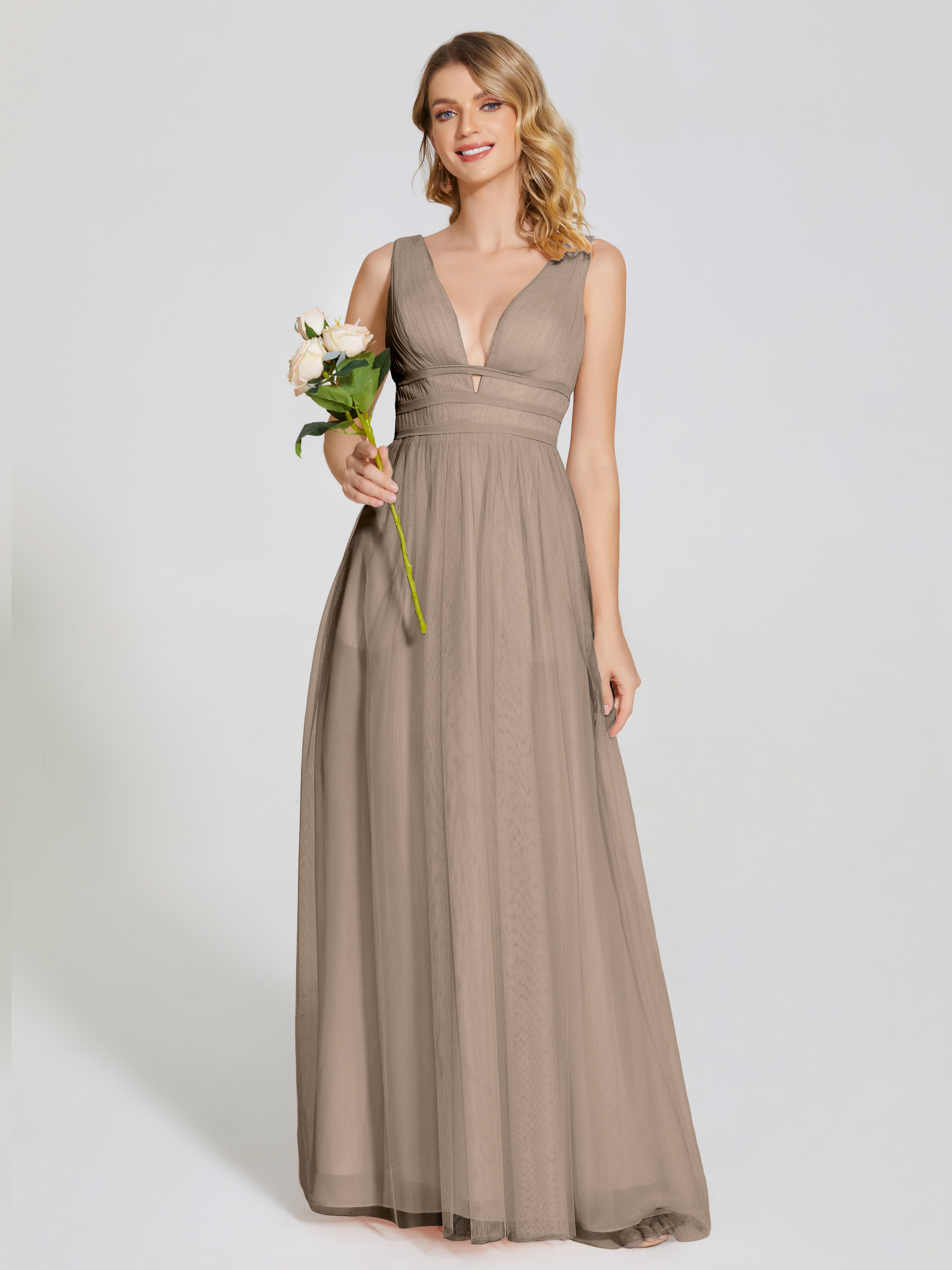 Robe Ceremonie Taupe Bretelles Dos Nu Sexy Tulle Robe De Demoiselle D'Honneur