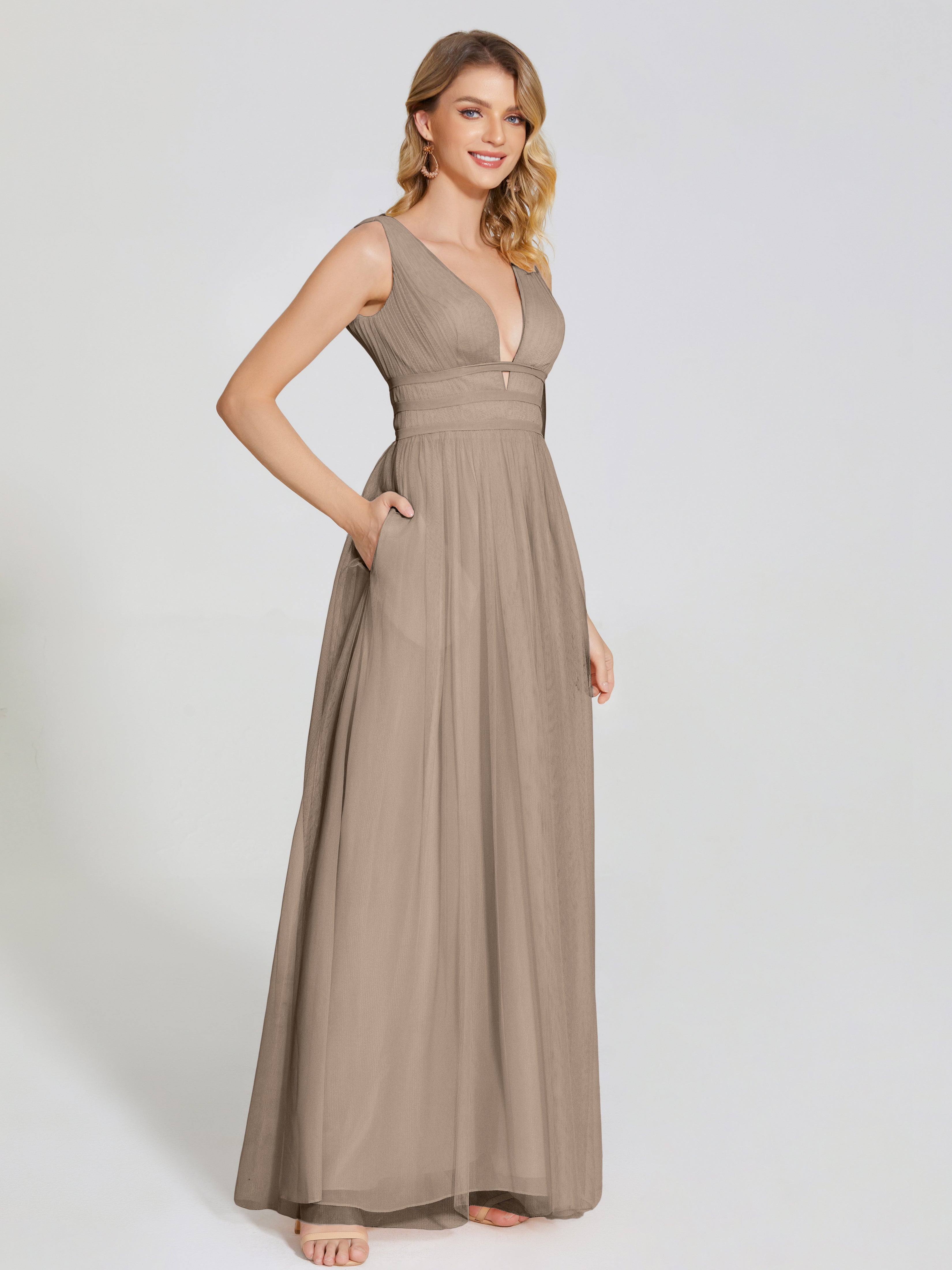 Robe Ceremonie Taupe Bretelles Dos Nu Sexy Tulle Robe De Demoiselle D'Honneur