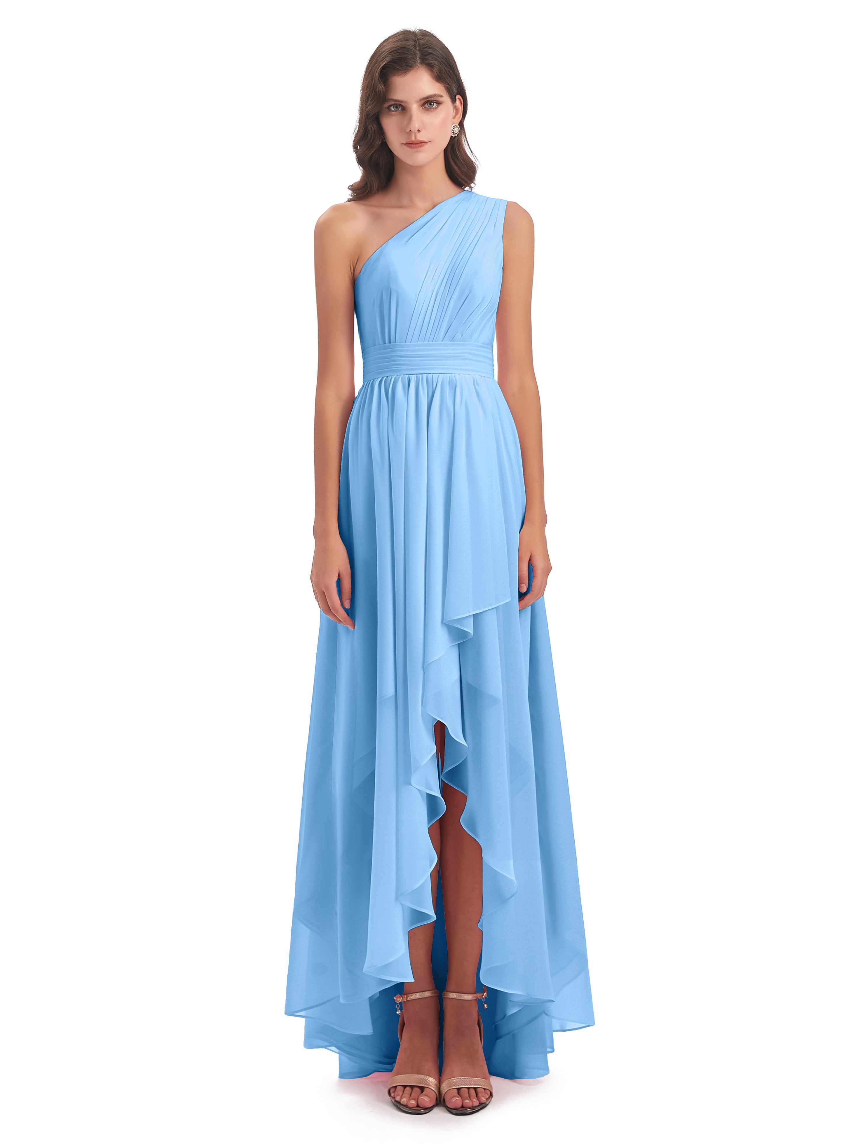Robe Longue Bleu Demoiselle D Honneur Asymétrique Seule-Épaule Mousseline Robes Demoiselle D'Honneur
