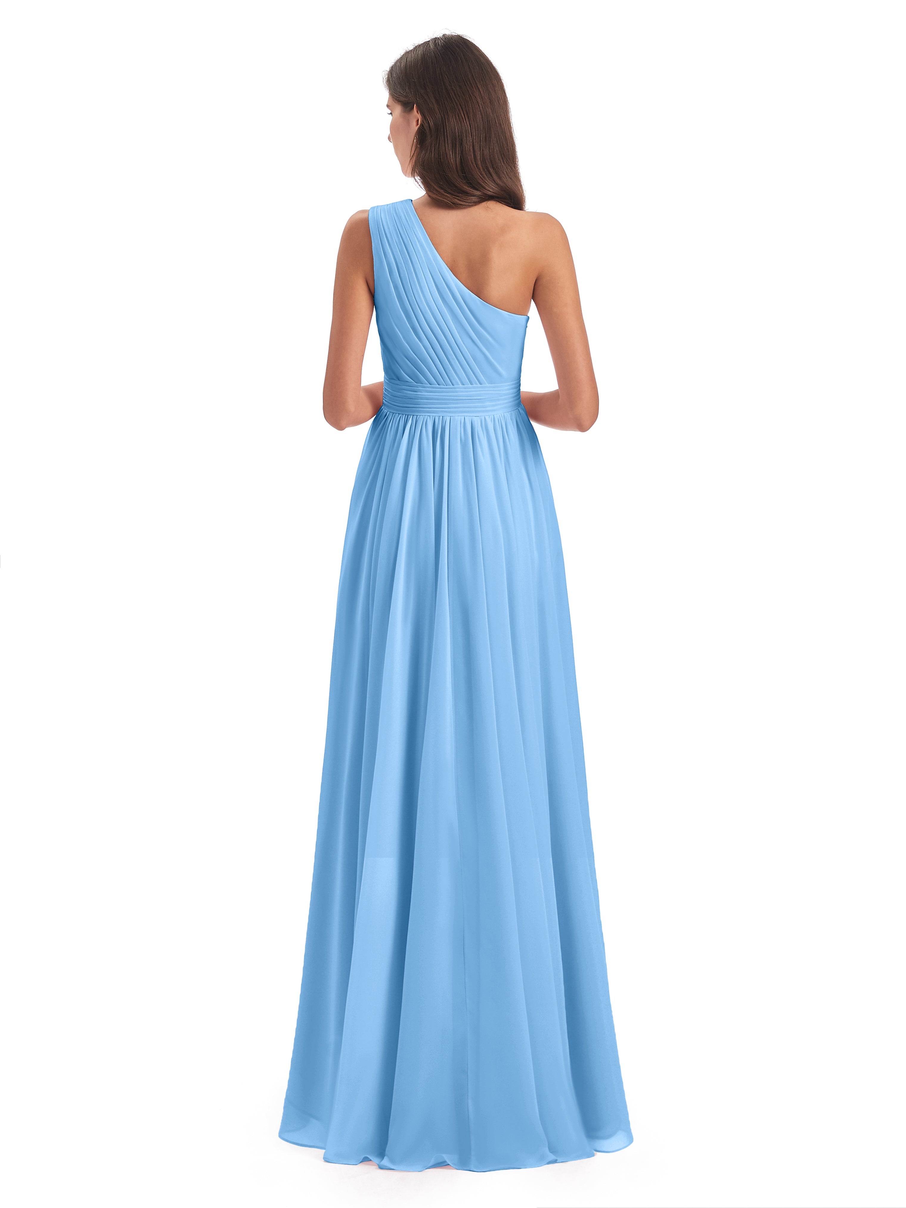 Robe Longue Bleu Demoiselle D Honneur Asymétrique Seule-Épaule Mousseline Robes Demoiselle D'Honneur