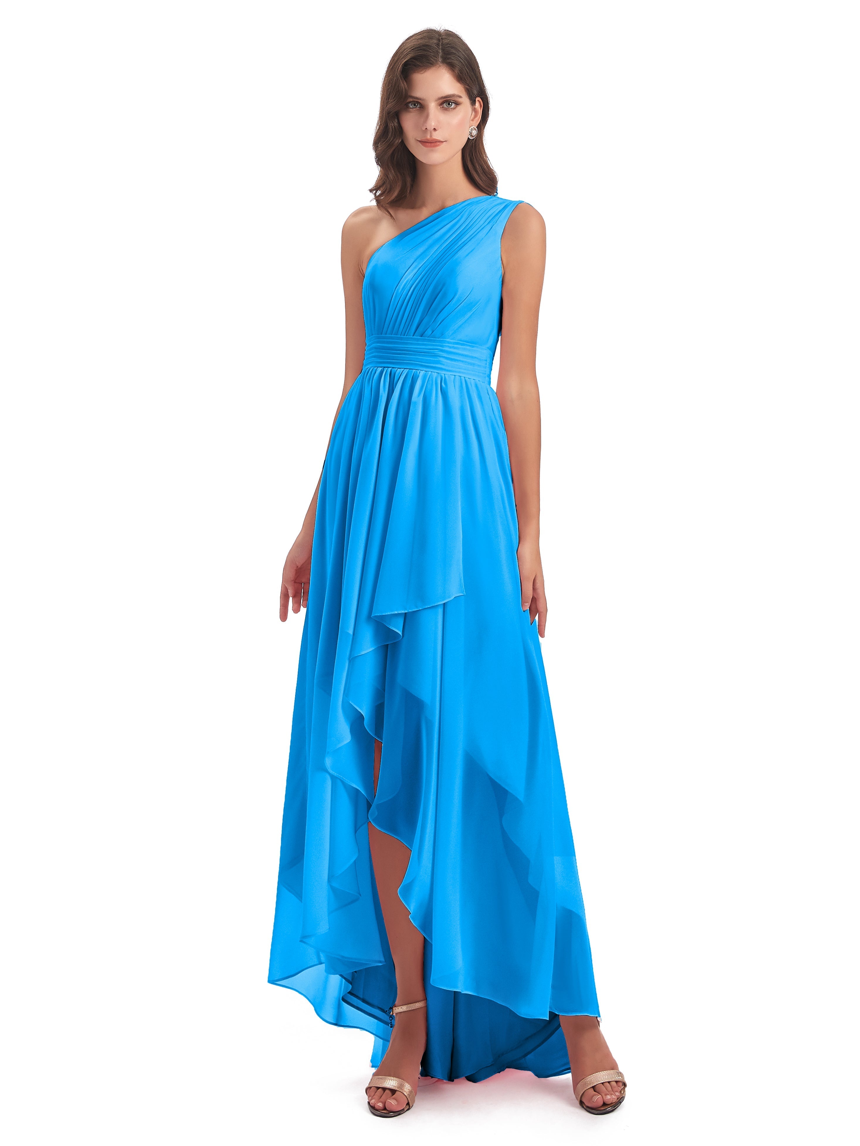 Robes De Demoiselle D'Honneur Bleu Océan Asymétrique Seule-Épaule Mousseline Robes Demoiselle D'Honneur