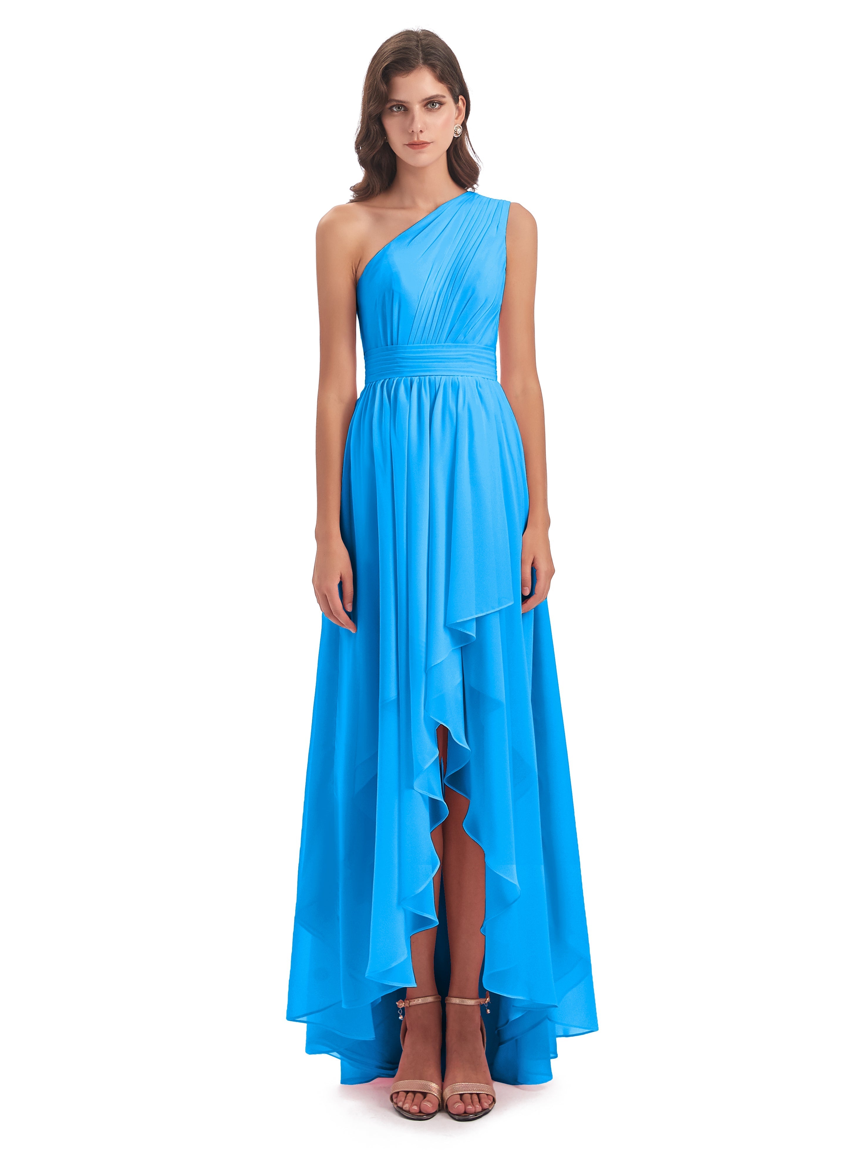 Robes De Demoiselle D'Honneur Bleu Océan Asymétrique Seule-Épaule Mousseline Robes Demoiselle D'Honneur
