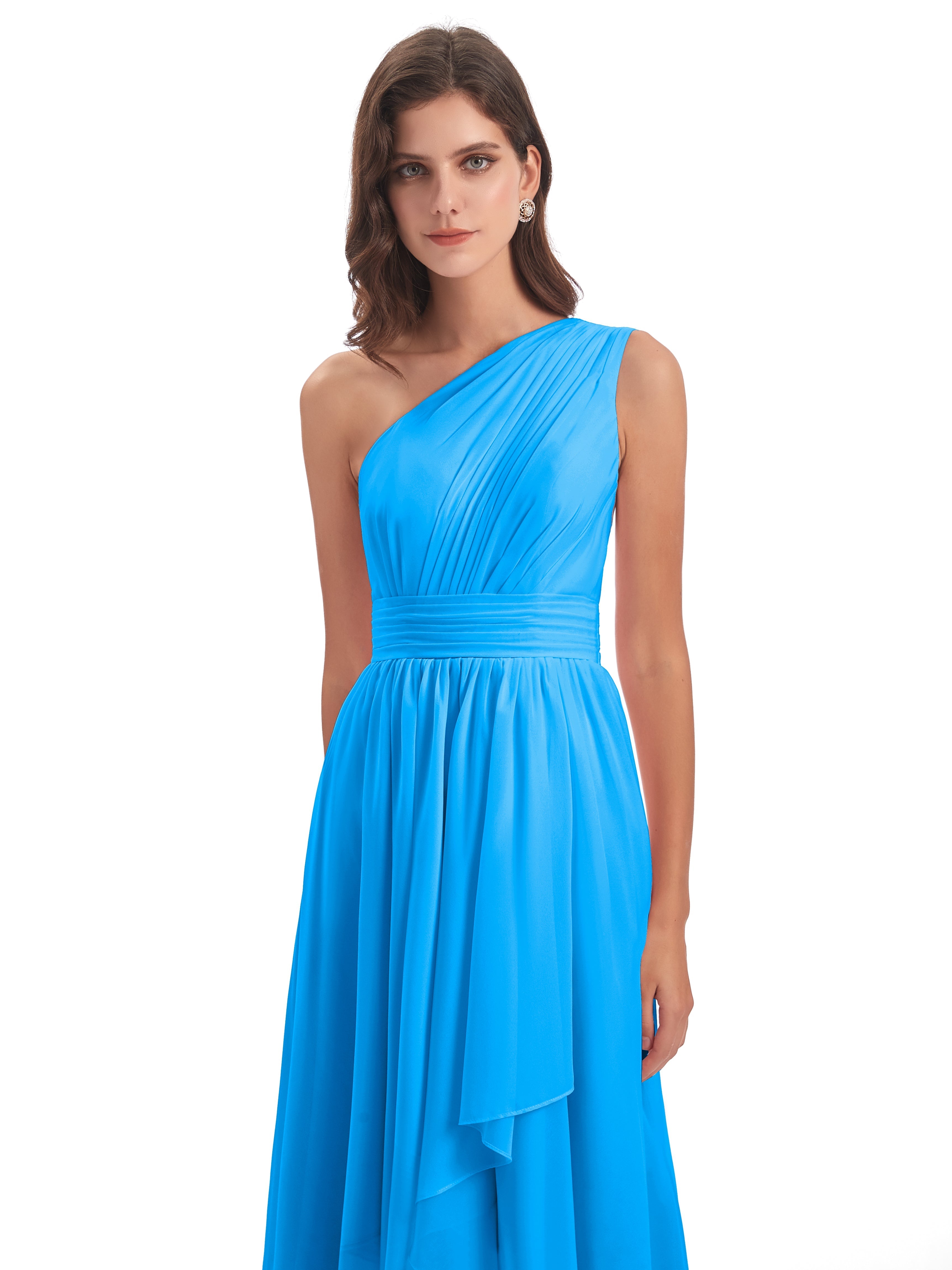 Robes De Demoiselle D'Honneur Bleu Océan Asymétrique Seule-Épaule Mousseline Robes Demoiselle D'Honneur