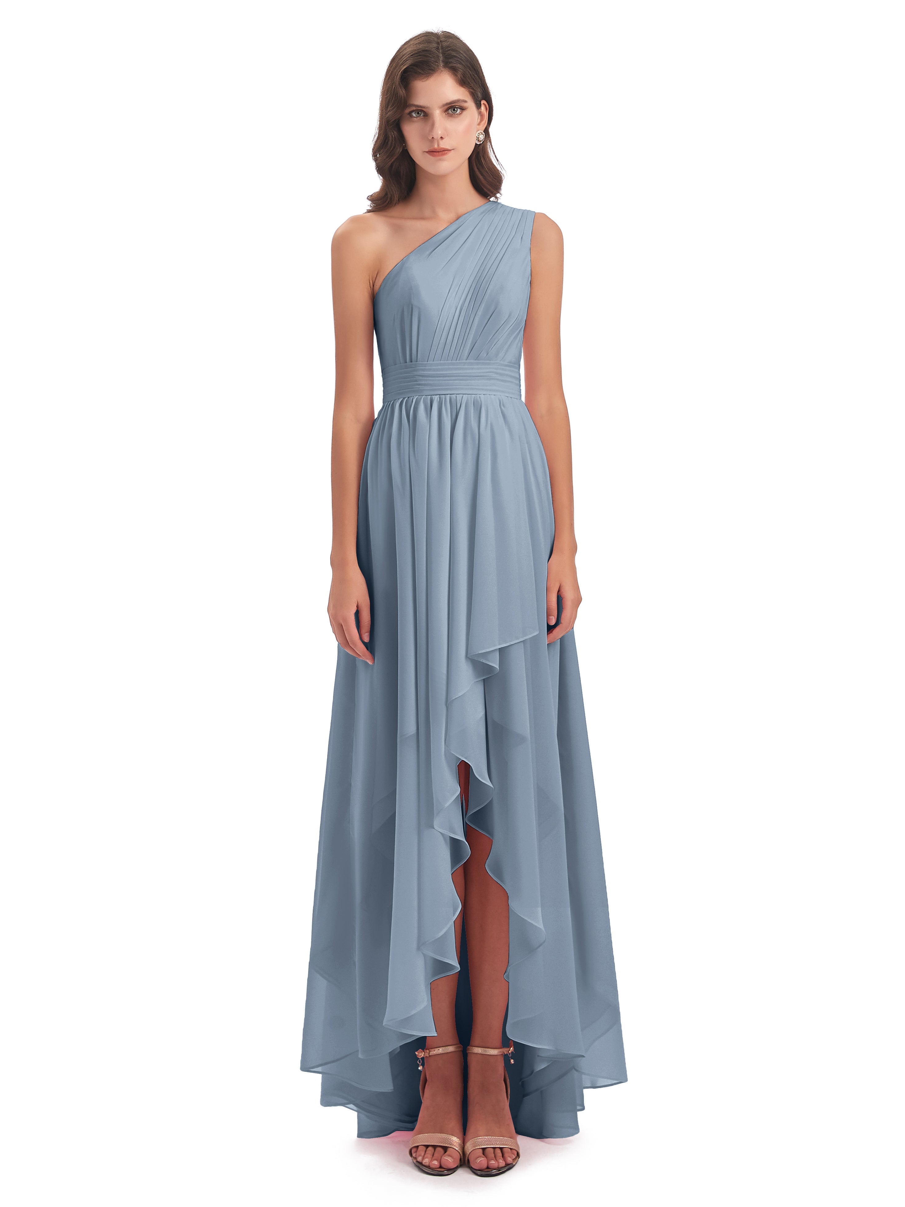Robes De Demoiselle D'Honneur Bleu Poussiéreux Asymétrique Seule-Épaule Mousseline Robes Demoiselle D'Honneur