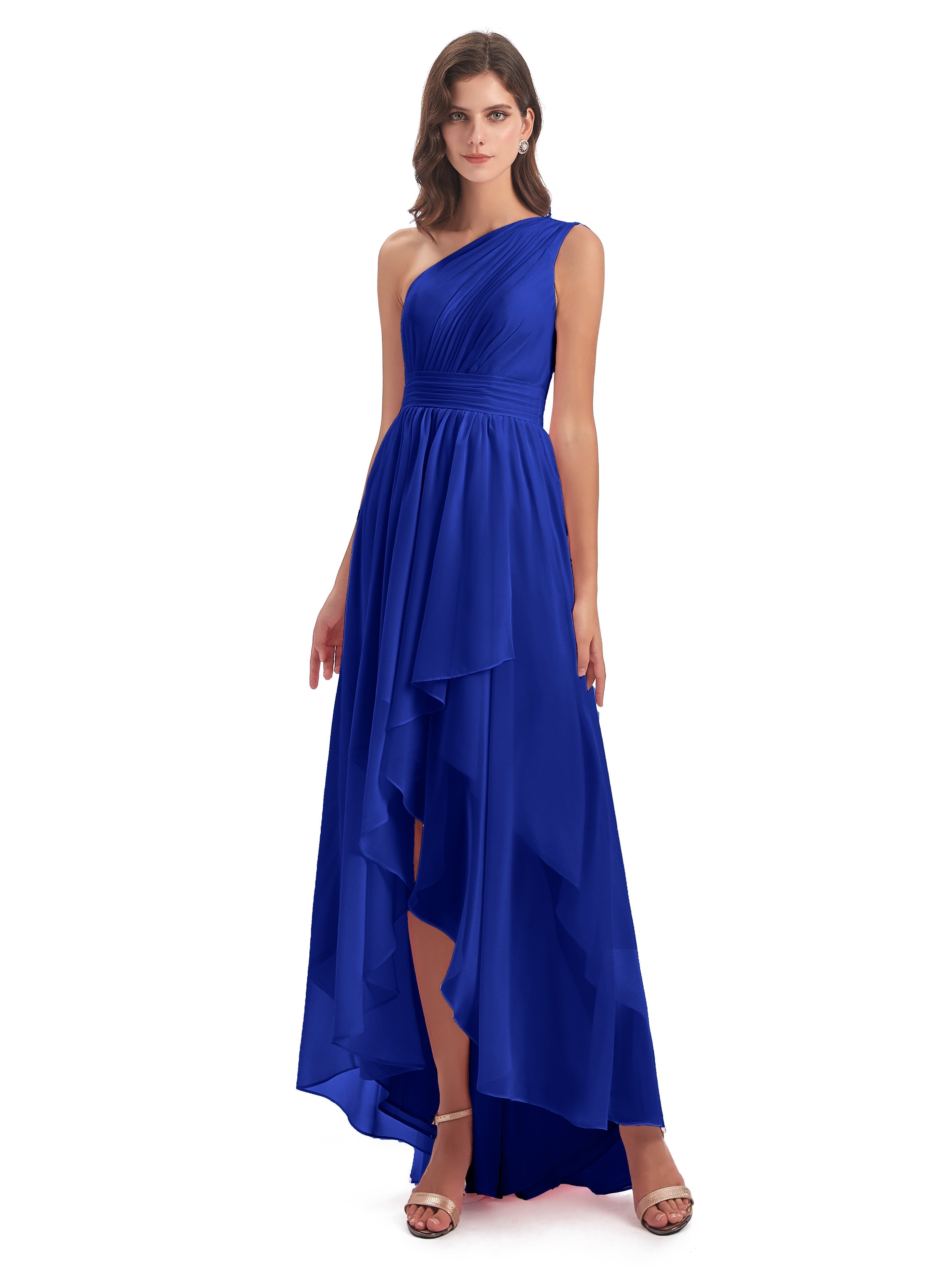 Robe De Demoiselle D Honneur Bleu Royal Asymétrique Seule-Épaule Mousseline Robes Demoiselle D'Honneur