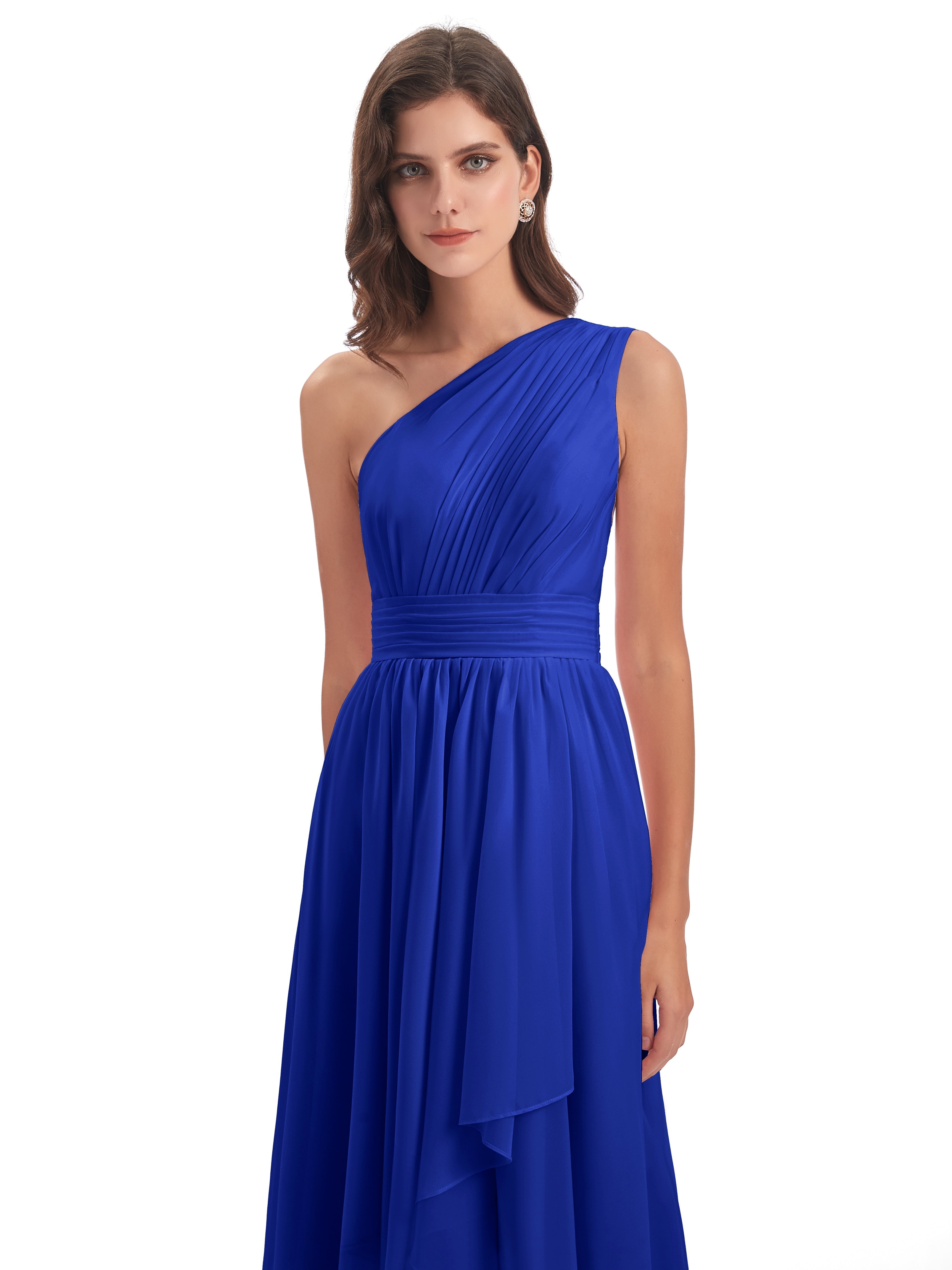 Robe De Demoiselle D Honneur Bleu Royal Asymétrique Seule-Épaule Mousseline Robes Demoiselle D'Honneur