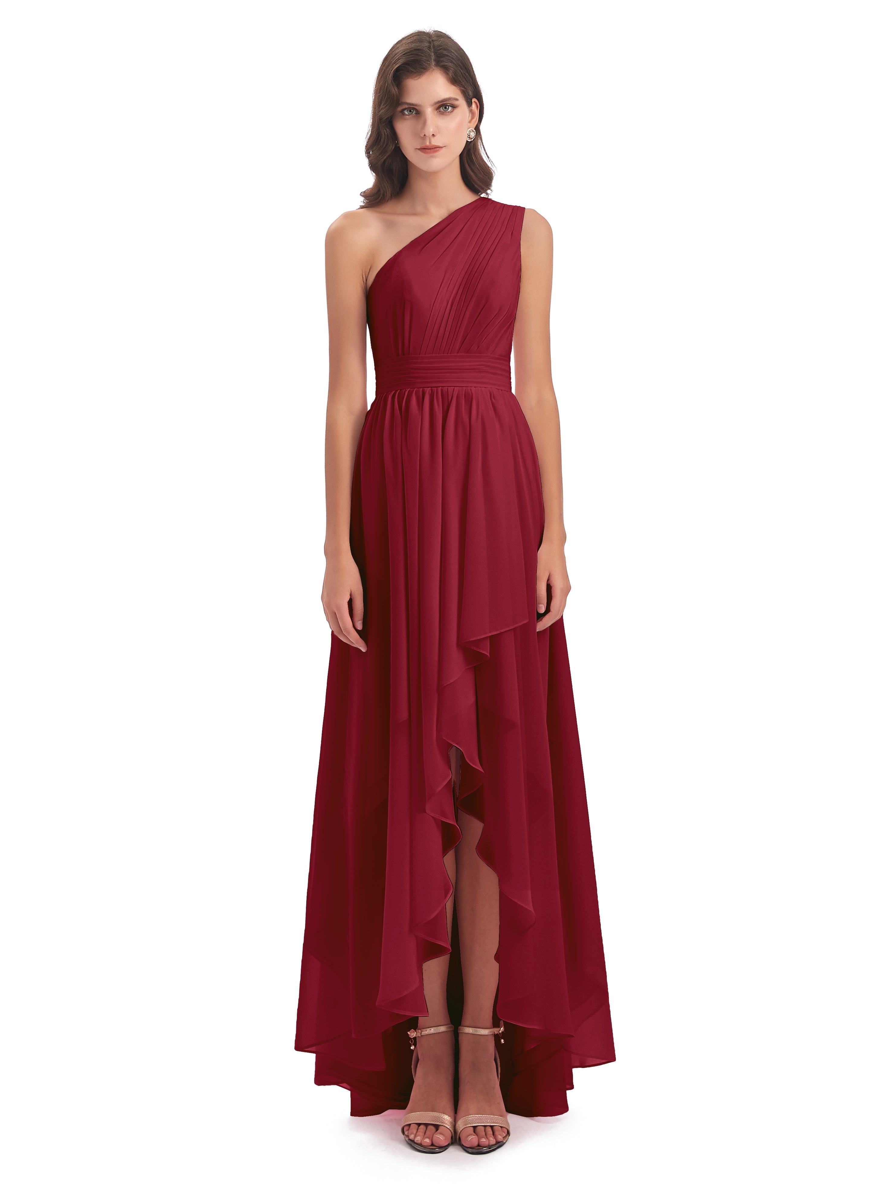 Robe Demoiselle D Honneur Bordeaux Asymétrique Seule-Épaule Mousseline Robes Demoiselle D'Honneur