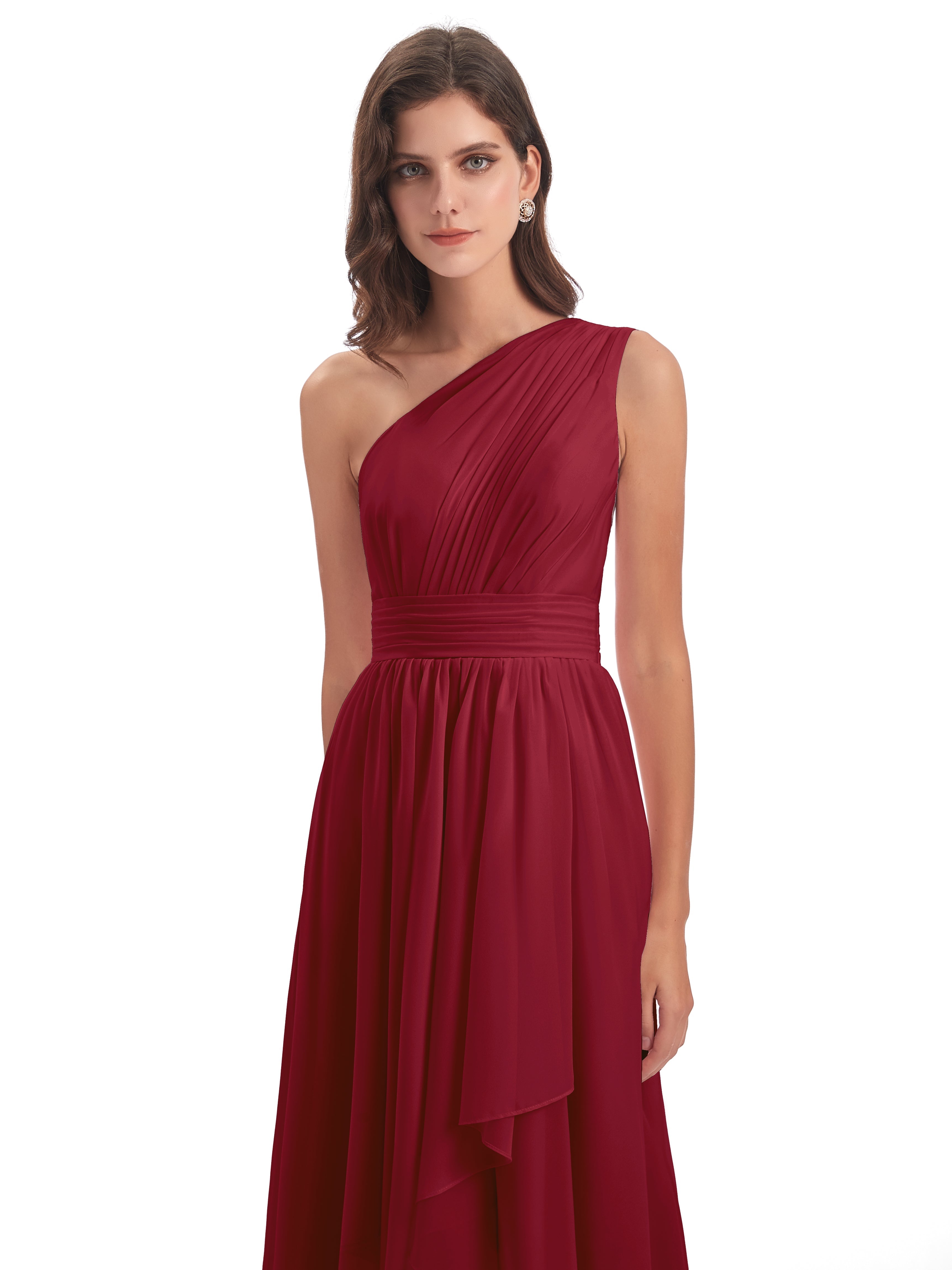 Robe Demoiselle D Honneur Bordeaux Asymétrique Seule-Épaule Mousseline Robes Demoiselle D'Honneur