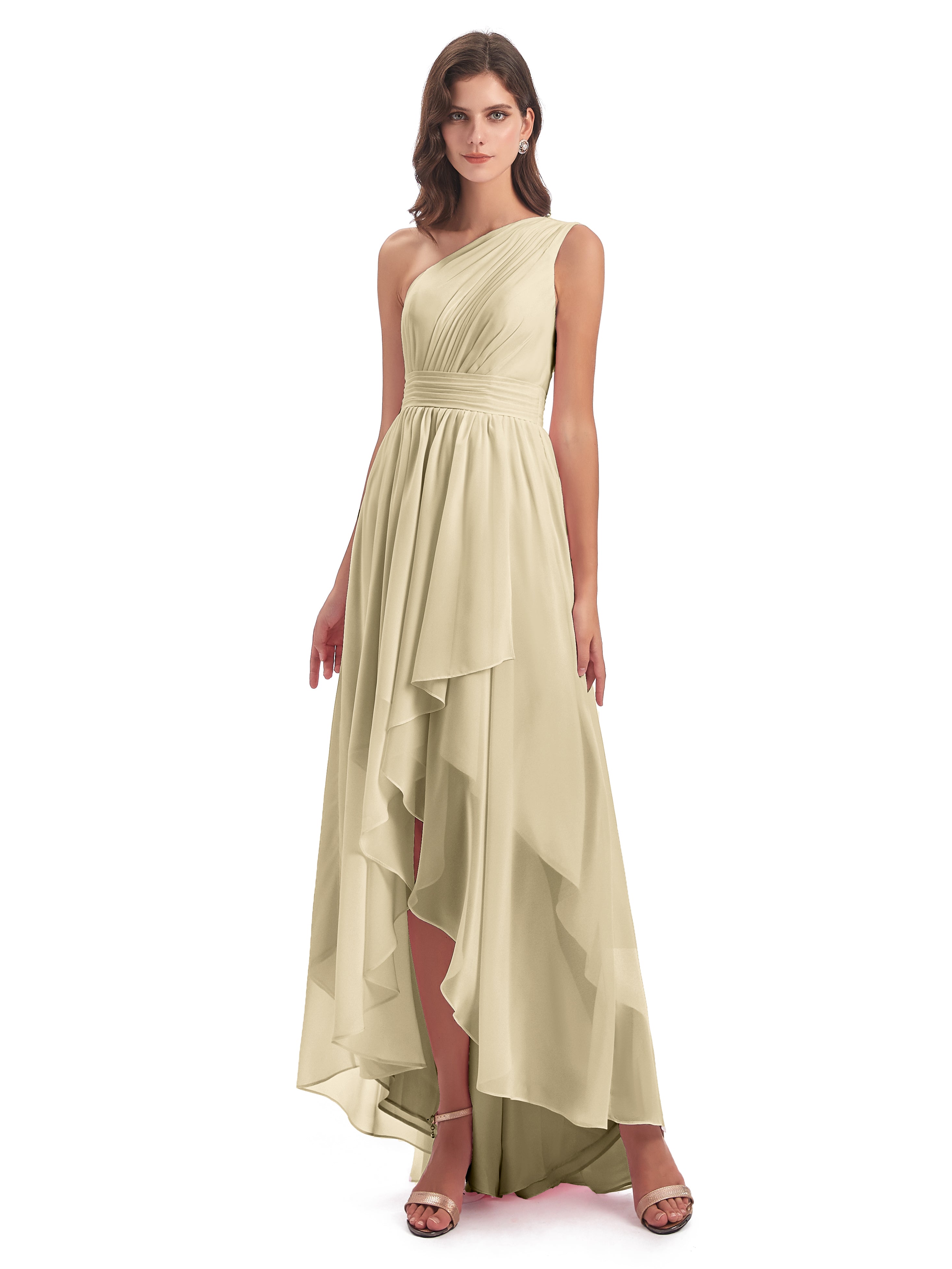 Robe Demoiselle D Honneur Couleur Champagne Asymétrique Seule-Épaule Mousseline Robes Demoiselle D'Honneur