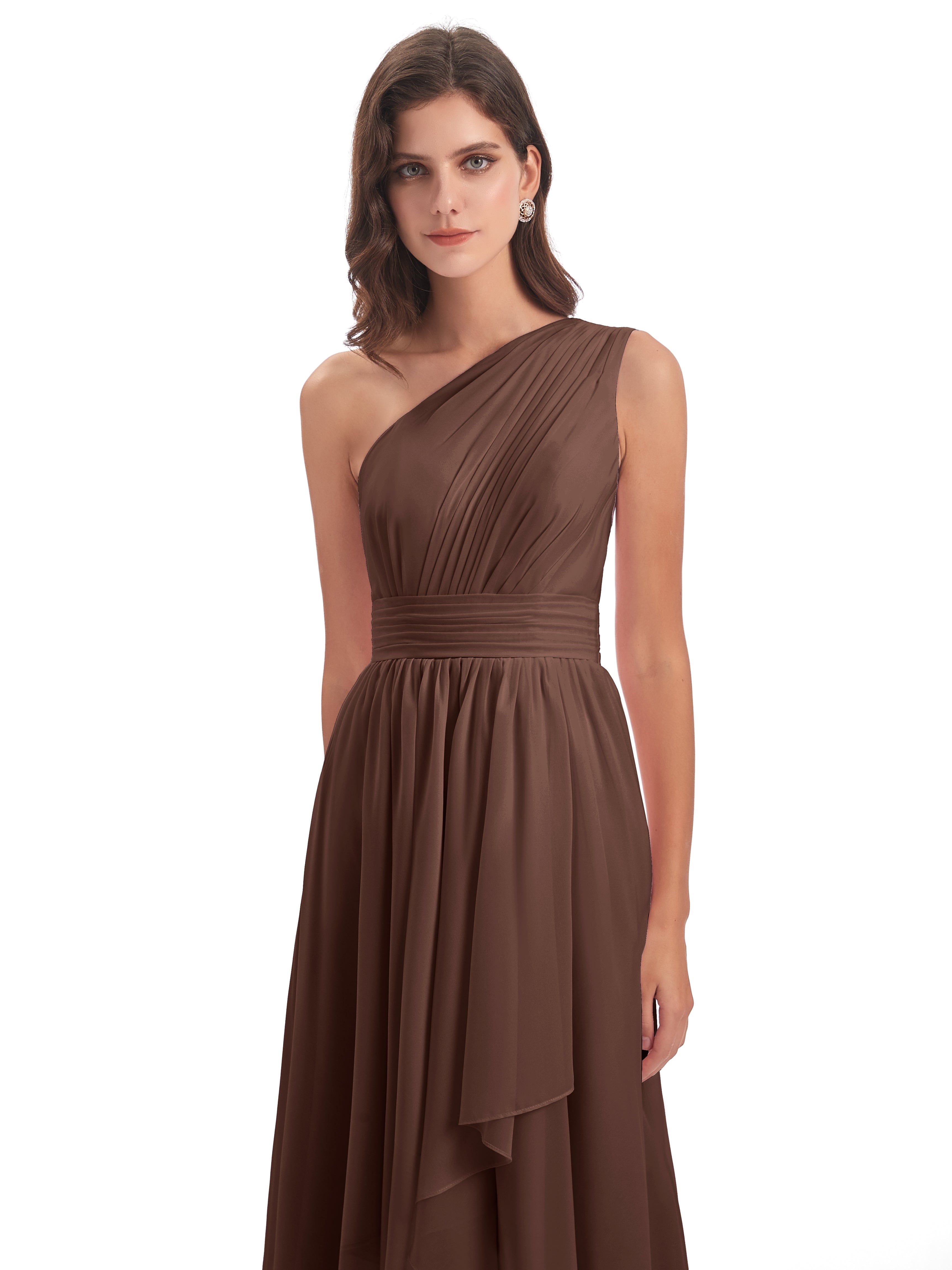 Robes De Demoiselle D'Honneur En Chocolat Asymétrique Seule-Épaule Mousseline Robes Demoiselle D'Honneur
