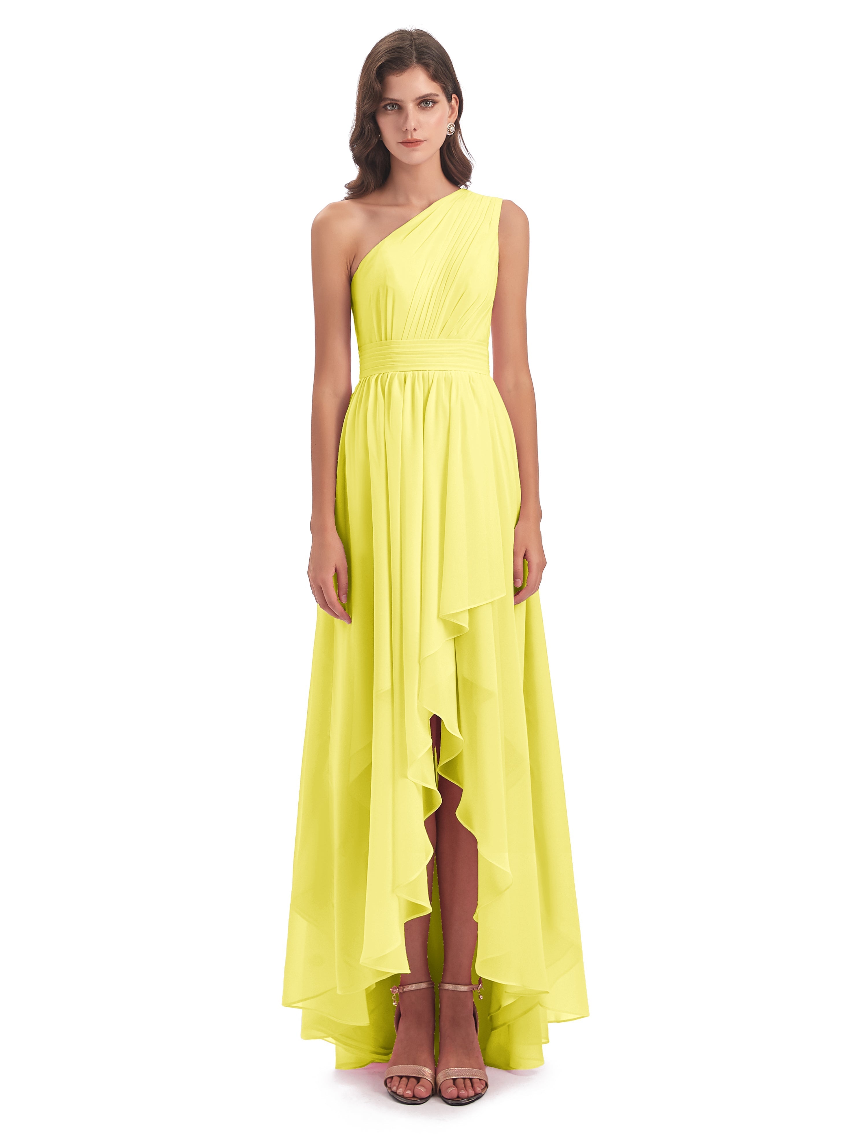 Robes De Demoiselle D'Honneur Citron Asymétrique Seule-Épaule Mousseline Robes Demoiselle D'Honneur