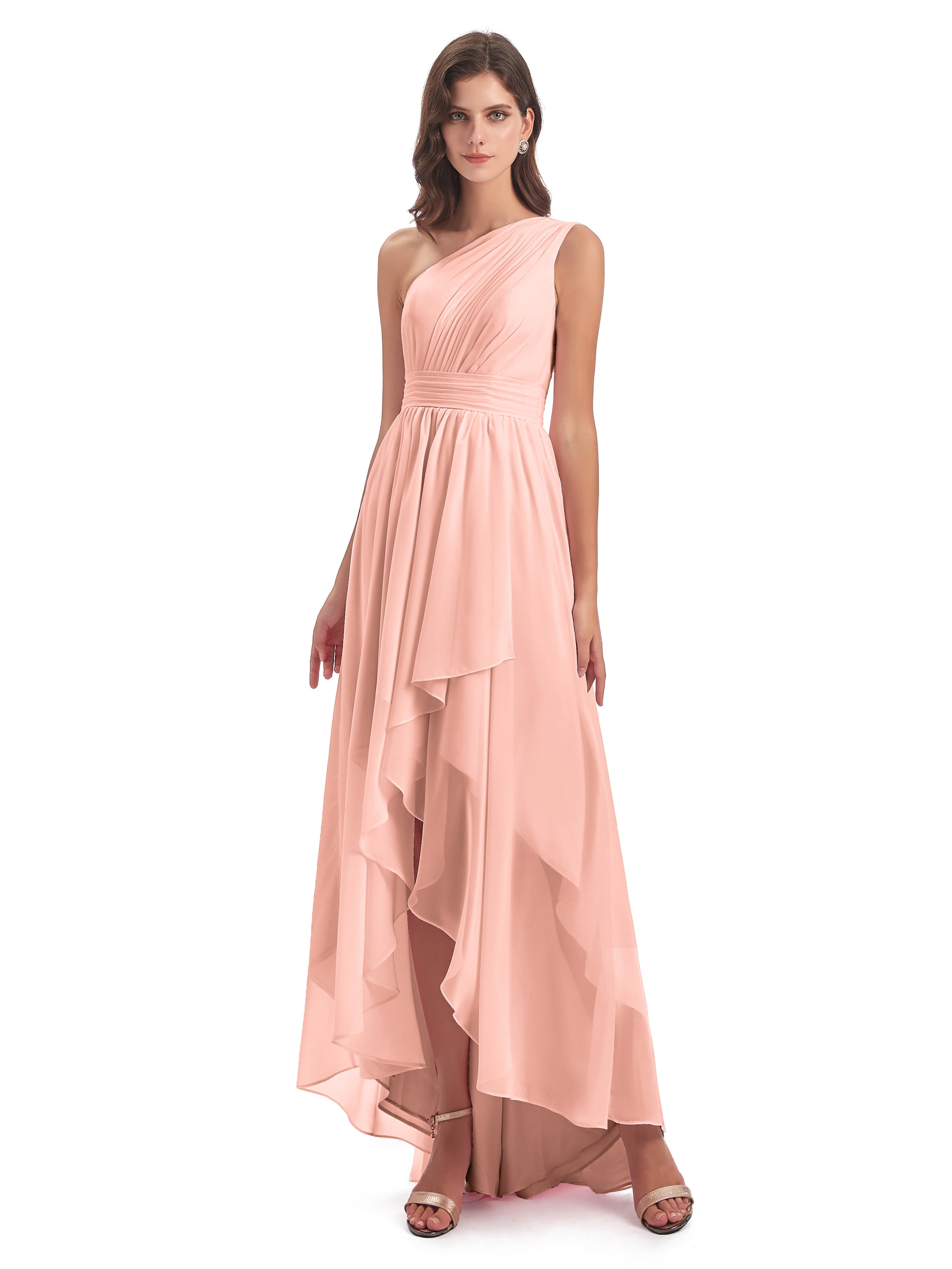Robe Demoiselle D Honneur Couleur Corail Asymétrique Seule-Épaule Mousseline Robes Demoiselle D'Honneur