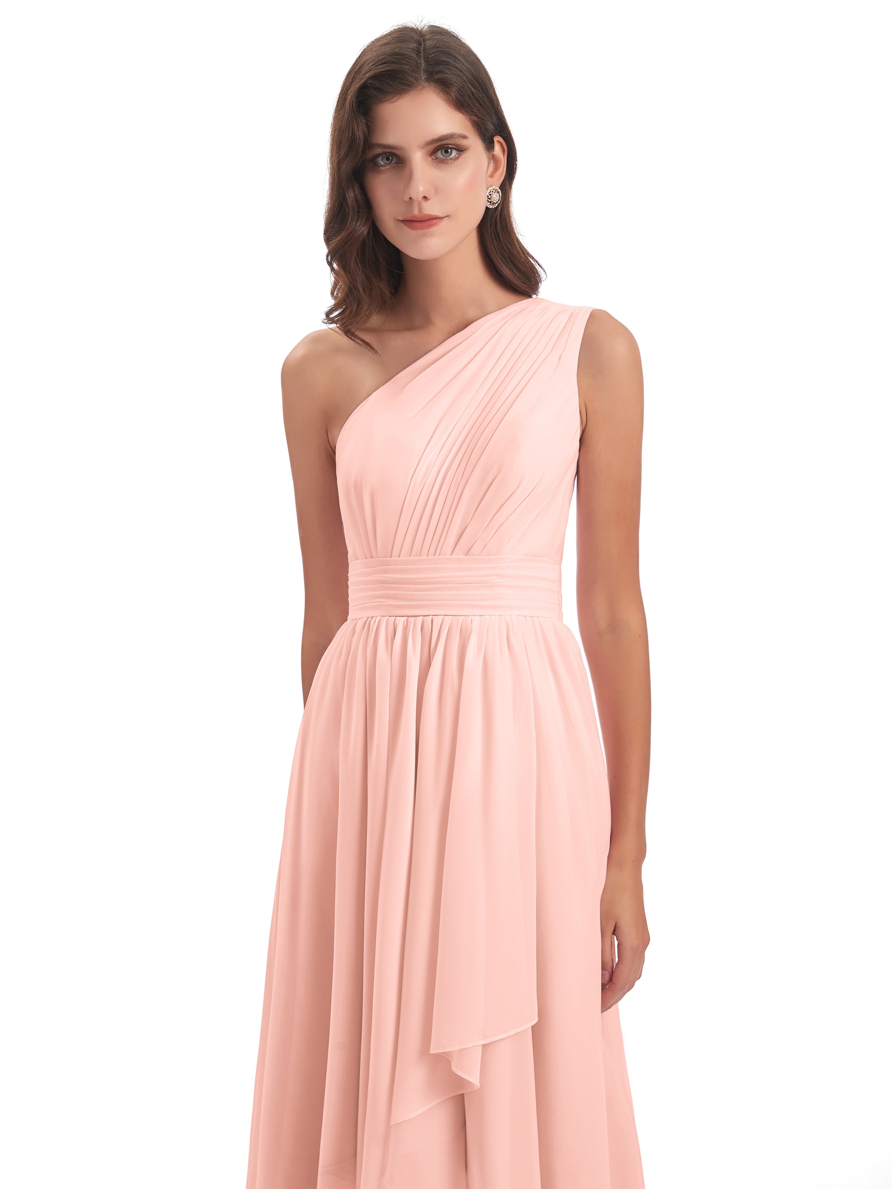 Robe Demoiselle D Honneur Couleur Corail Asymétrique Seule-Épaule Mousseline Robes Demoiselle D'Honneur