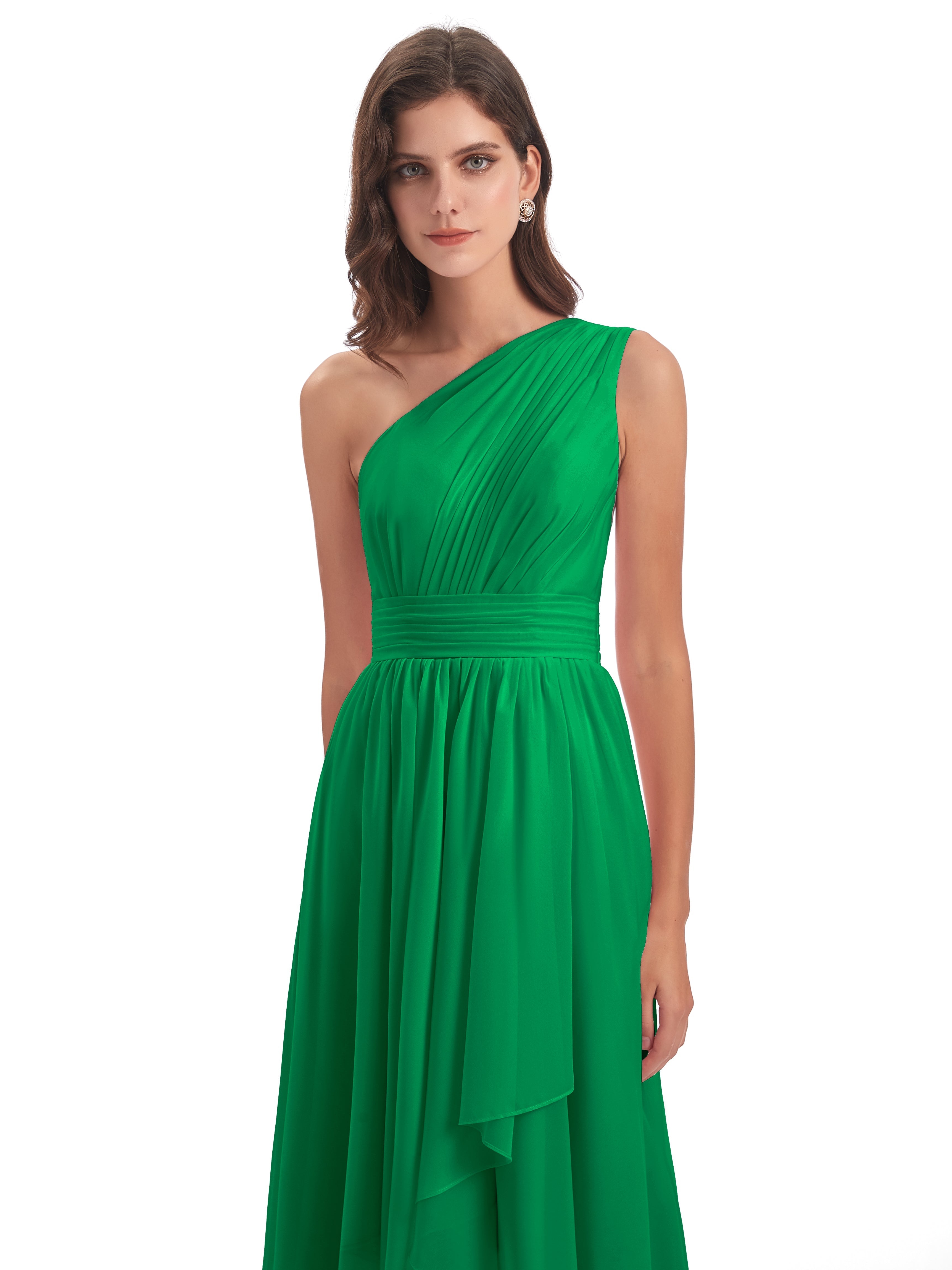 Robe Demoiselle D Honneur Vert Émeraude Asymétrique Seule-Épaule Mousseline Robes Demoiselle D'Honneur