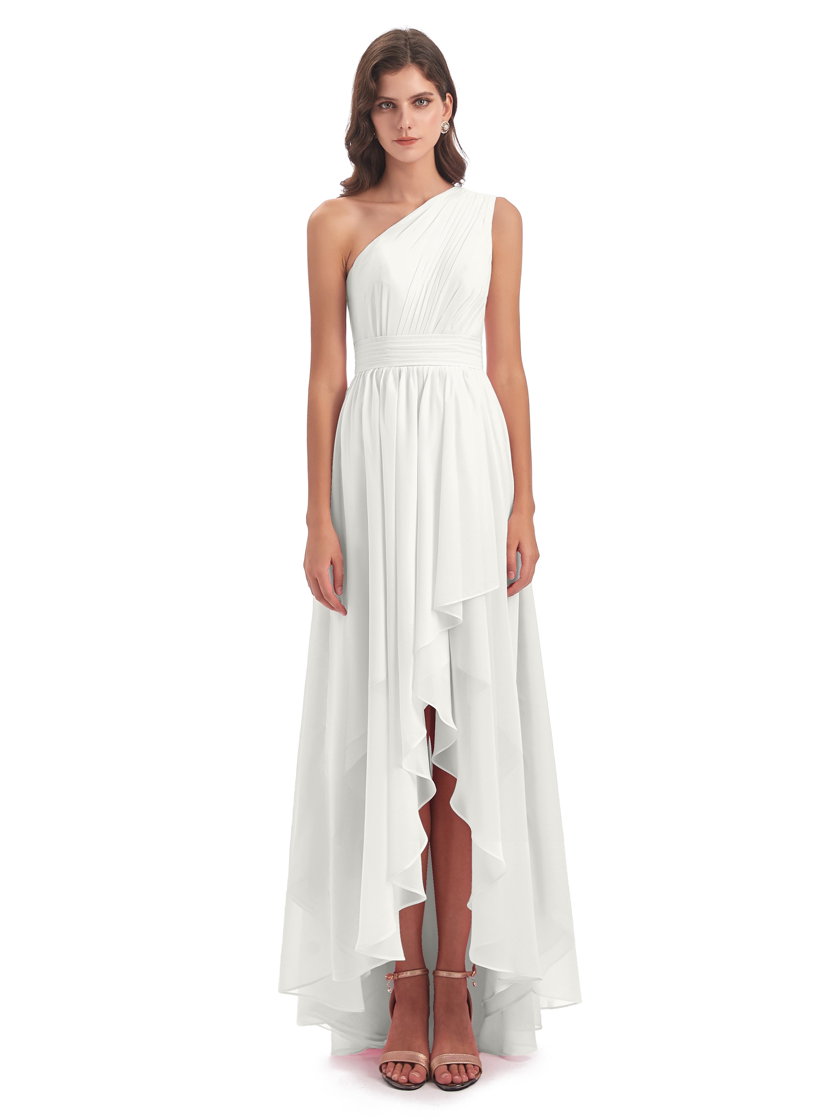 Robe Ivoire Demoiselle D Honneur Asymétrique Seule-Épaule Mousseline Robes Demoiselle D'Honneur