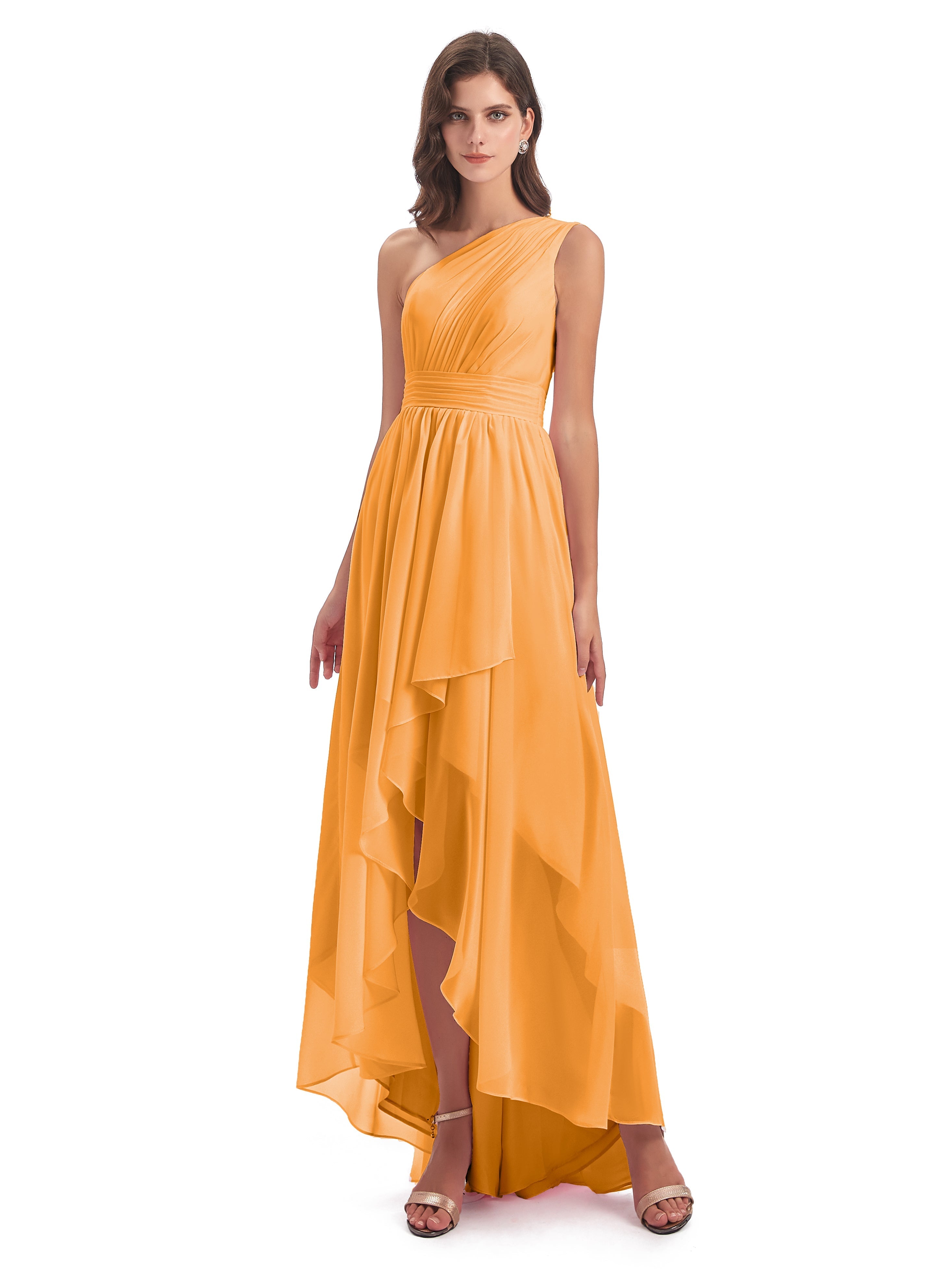 Robes De Demoiselle D'Honneur Mandarine Asymétrique Seule-Épaule Mousseline Robes Demoiselle D'Honneur